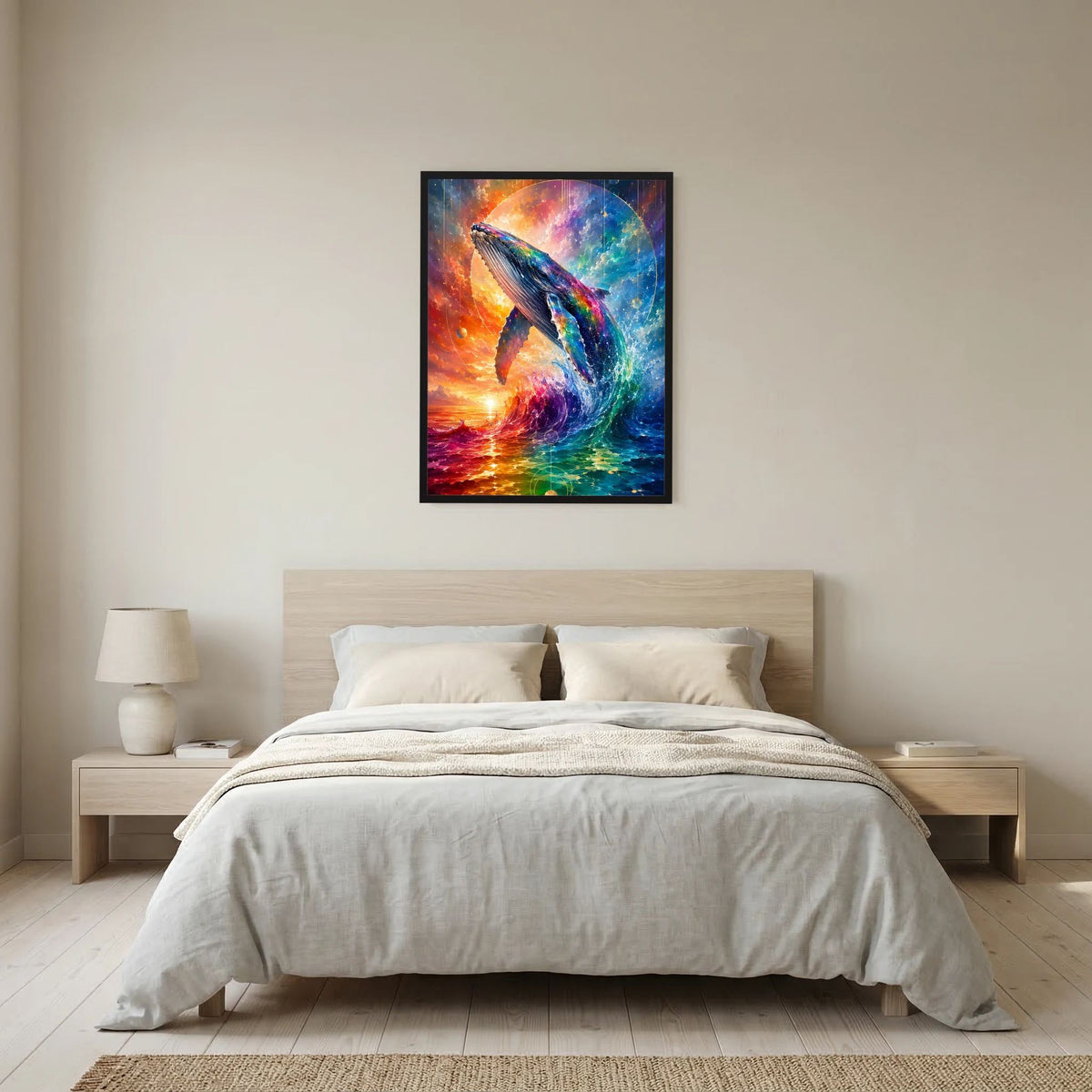 Hochformat-Poster mit abstraktem Walfisch in Regenbogenfarben, schwarzer Rahmen
