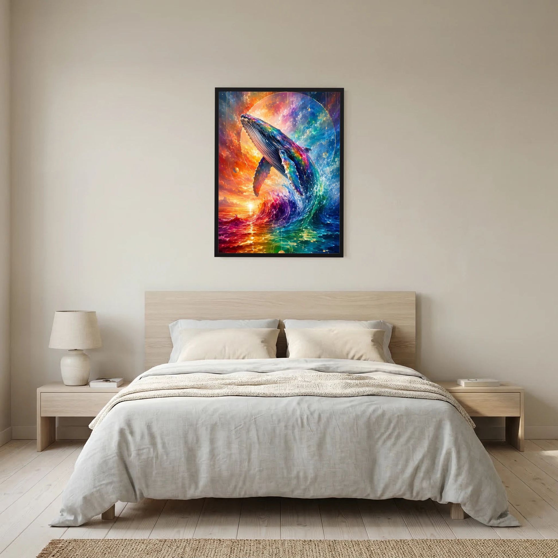 Hochformat-Poster mit abstraktem Walfisch in Regenbogenfarben, schwarzer Rahmen