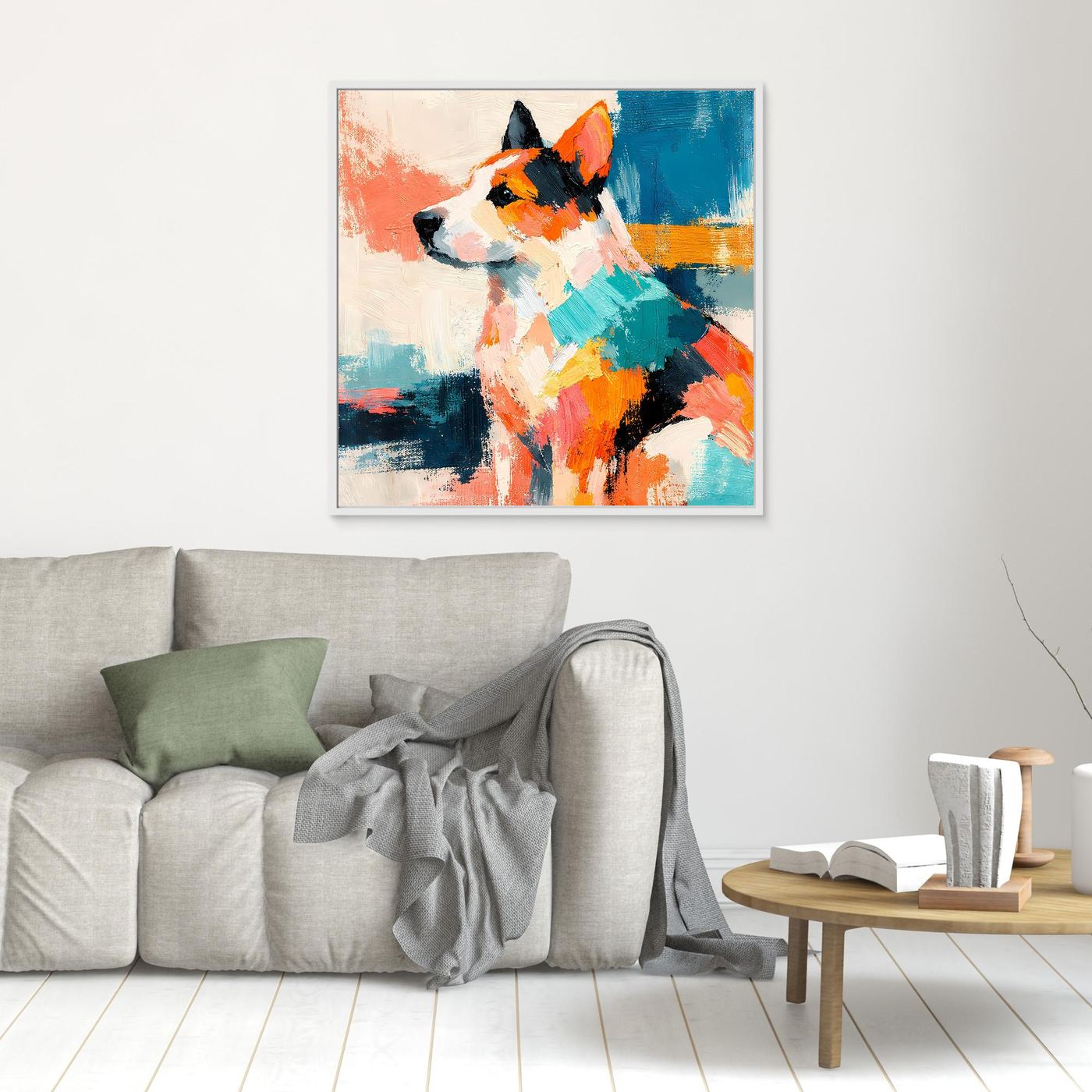 Leinwandbild mit schmalem Rahmen: abstrakter Hund im Pop-Art-Stil, farbiges Artwork