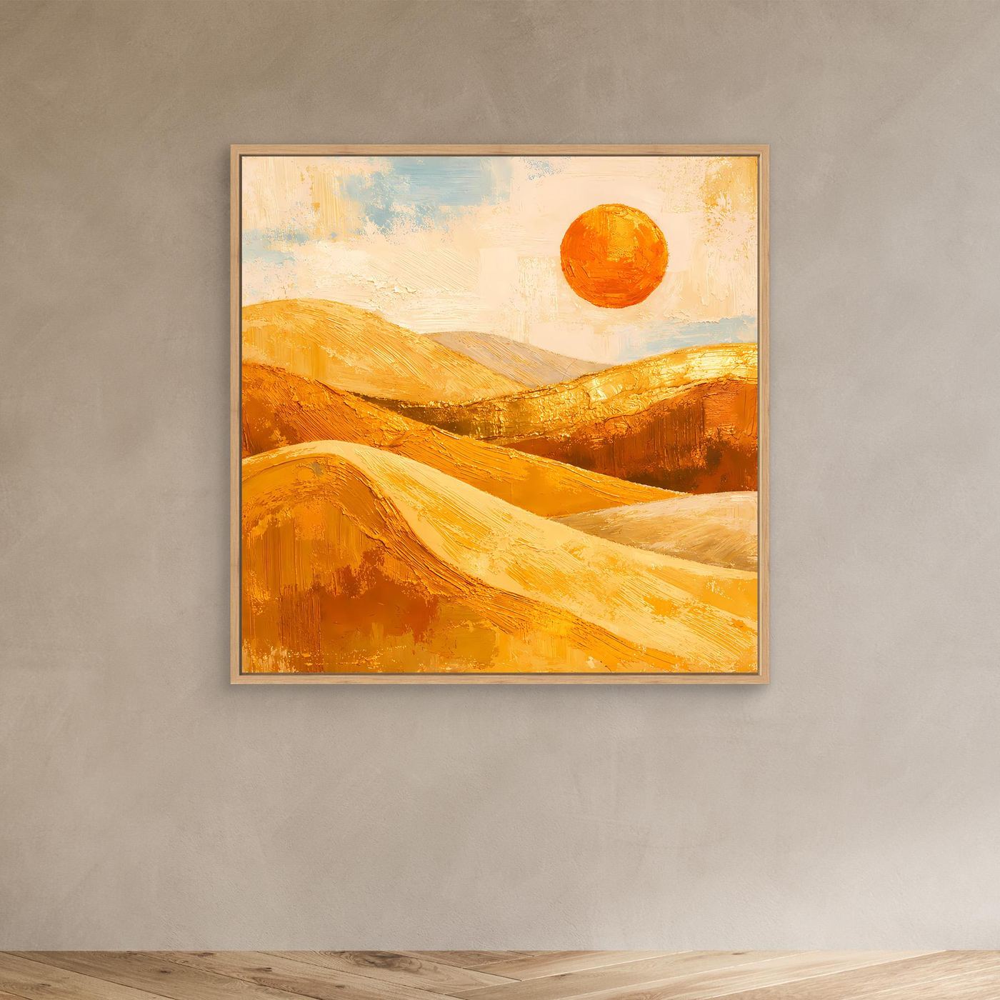 Abstraktes Leinwand-Wandbild mit hellem Rahmen: goldene Dünen und orangefarbene Sonne