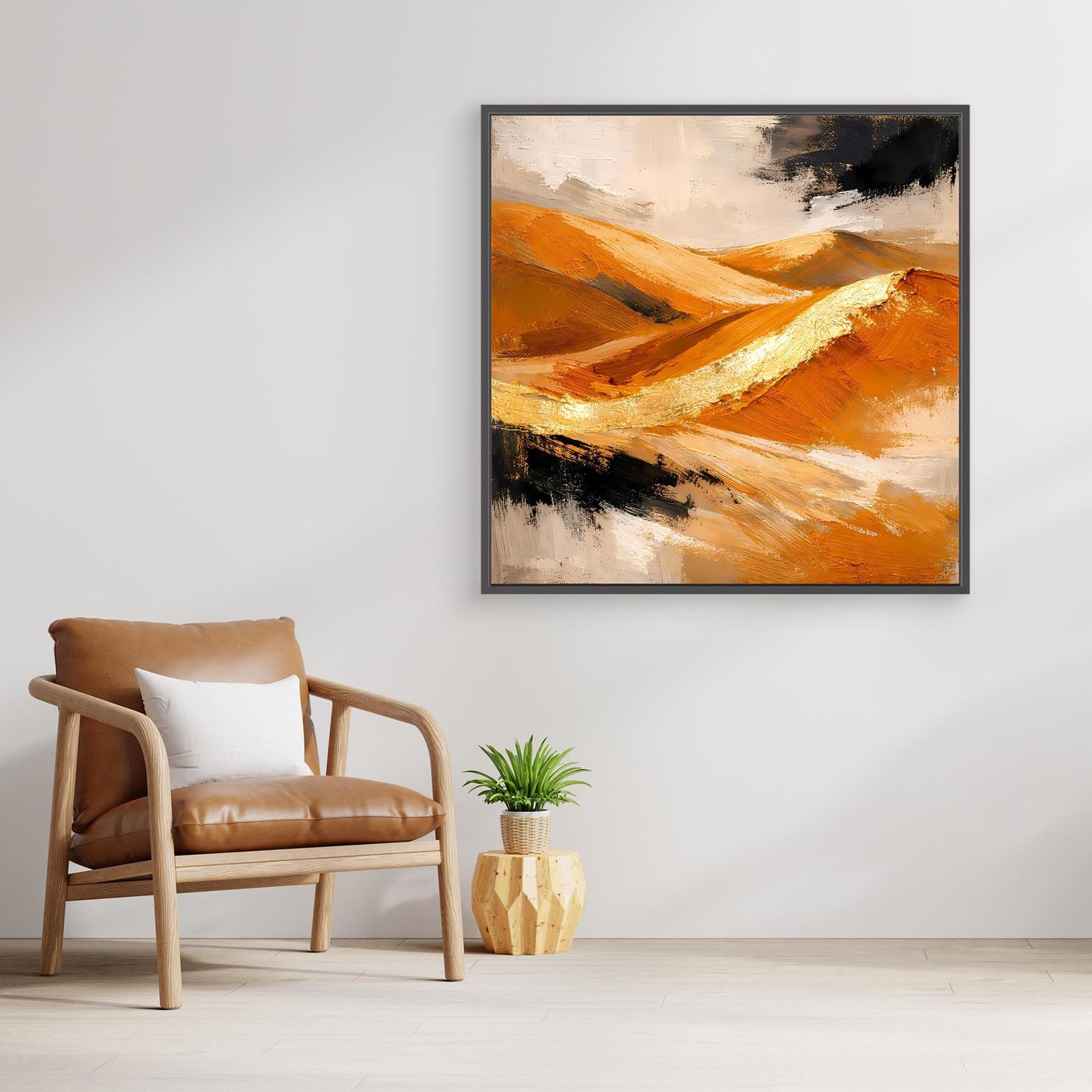 Leinwandbild mit abstrakter Dünenlandschaft, goldenes Lichtband, orangefarbene Ebenen, dunkle Pinselspuren
