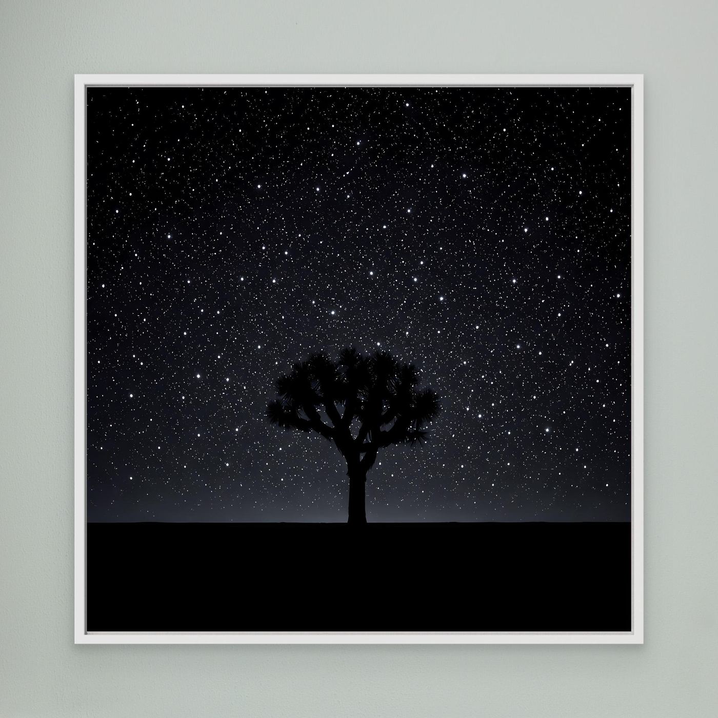 Leinwandbild Sternenhimmel mit Baum-Silhouette, dunkler Horizont, weißer Rahmen