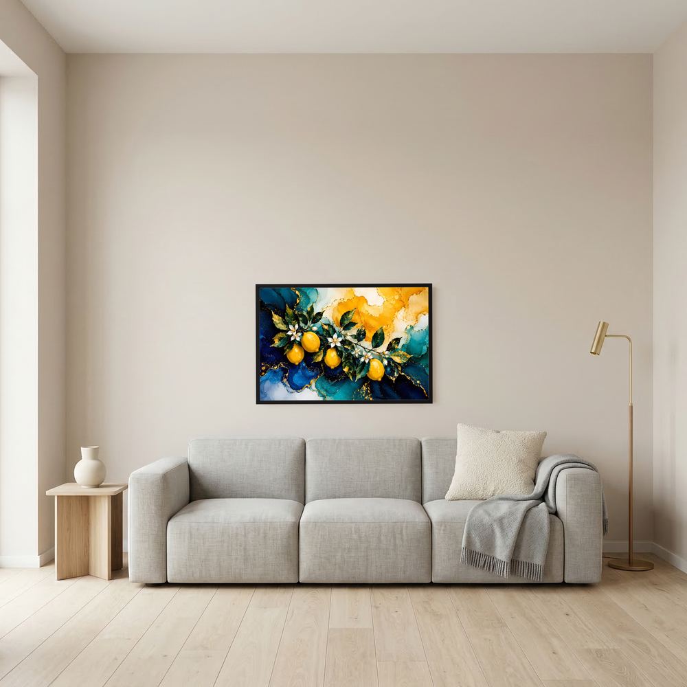Gerahmtes Querformat-Poster mit abstrakter Botanik im dunklen Rahmen: gelbe Beeren und Blüten
