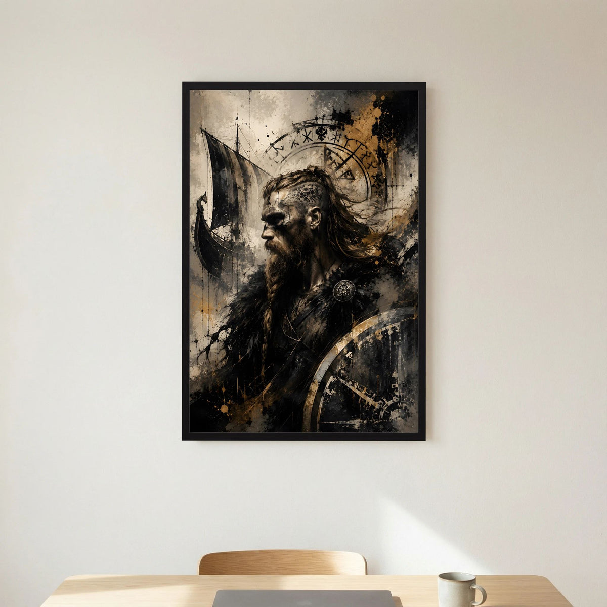 Kunstposter mit Wikingerporträt und Runenkreis im schwarzen Rahmen