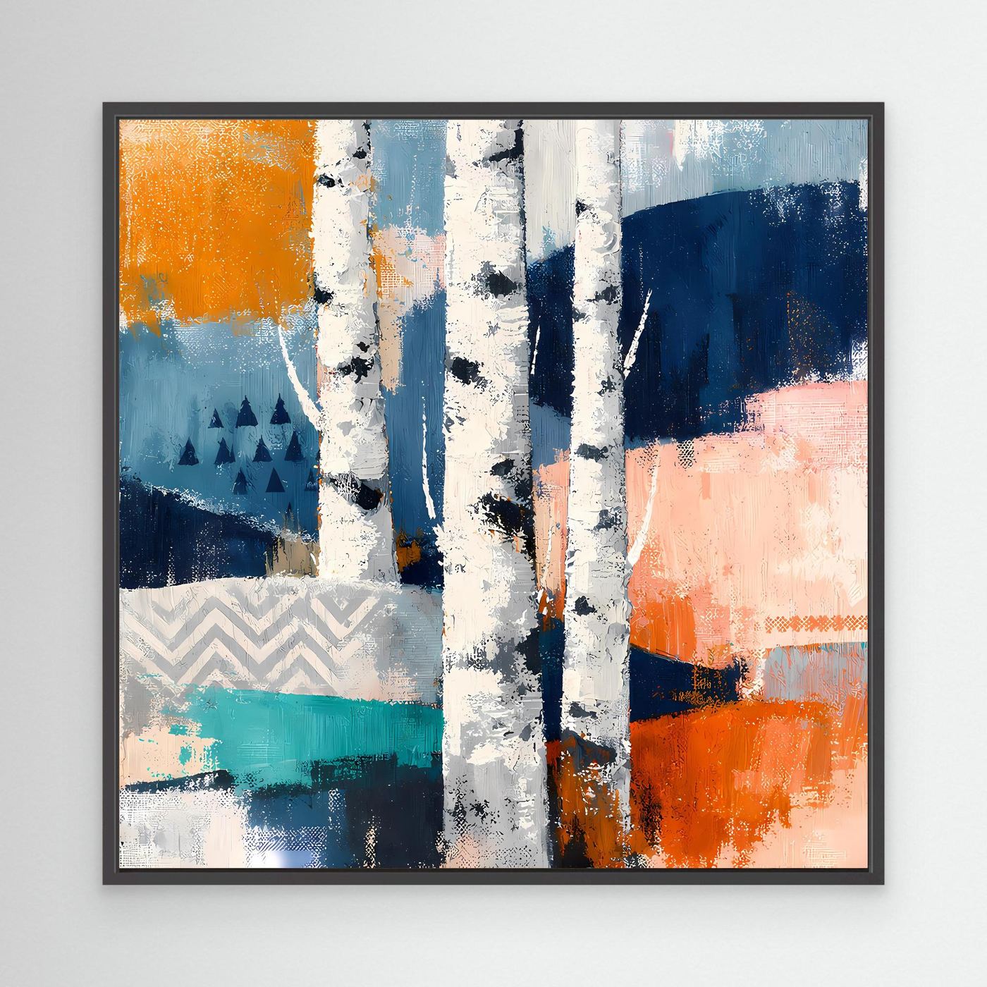 Abstraktes Leinwandbild Birkenwald-Motiv mit schwarzem Rahmen, orange-blaue Farbfelder