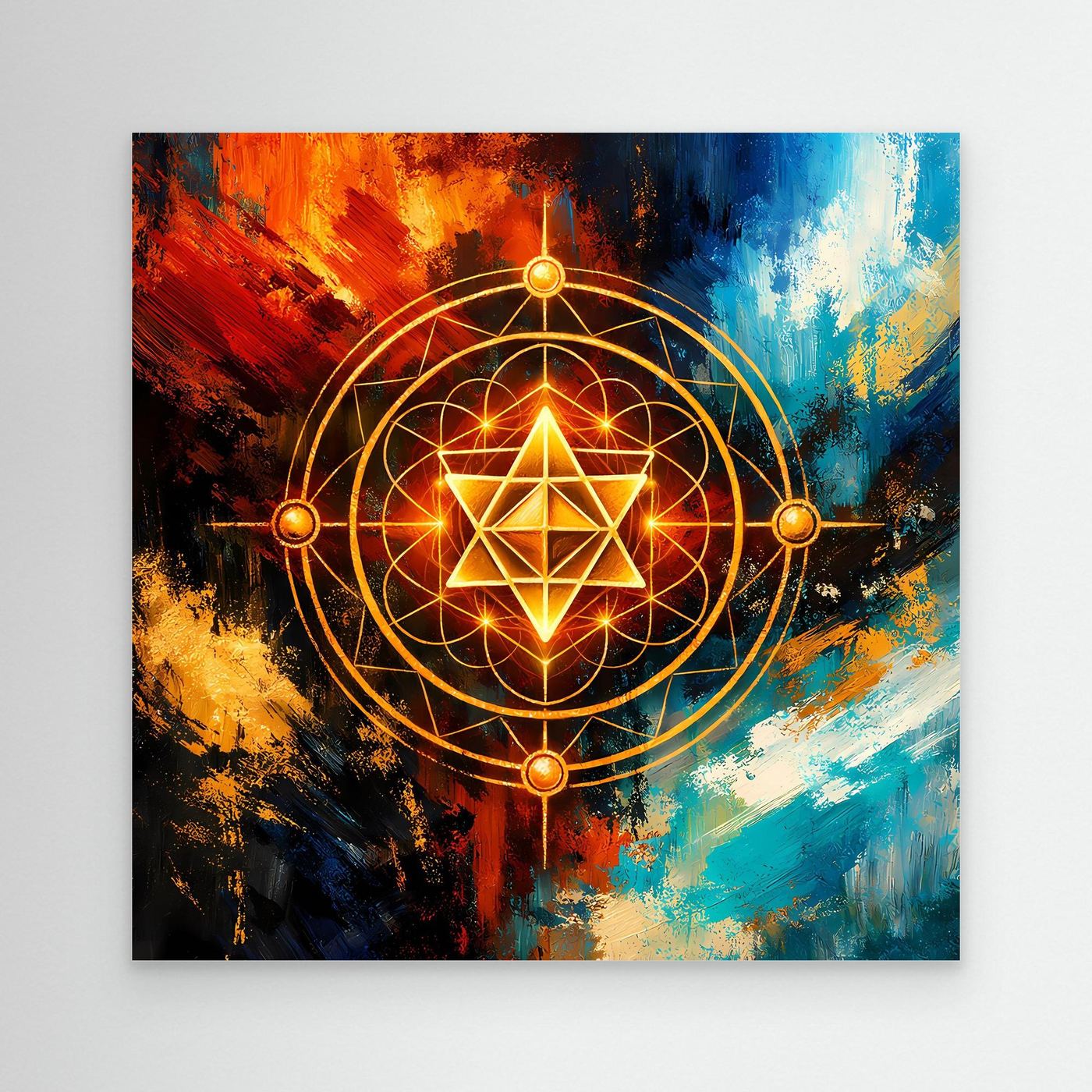 Ungerahmtes Leinwandbild mit leuchtendem Merkaba-Stern im goldenen Geometrie-Kreis