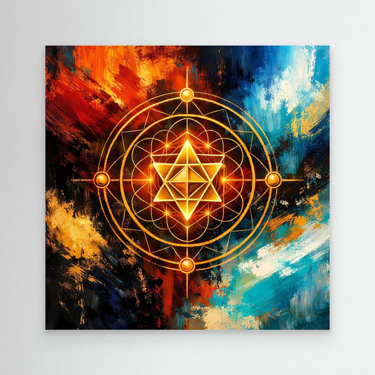 Ungerahmtes Leinwandbild mit leuchtendem Merkaba-Stern im goldenen Geometrie-Kreis
