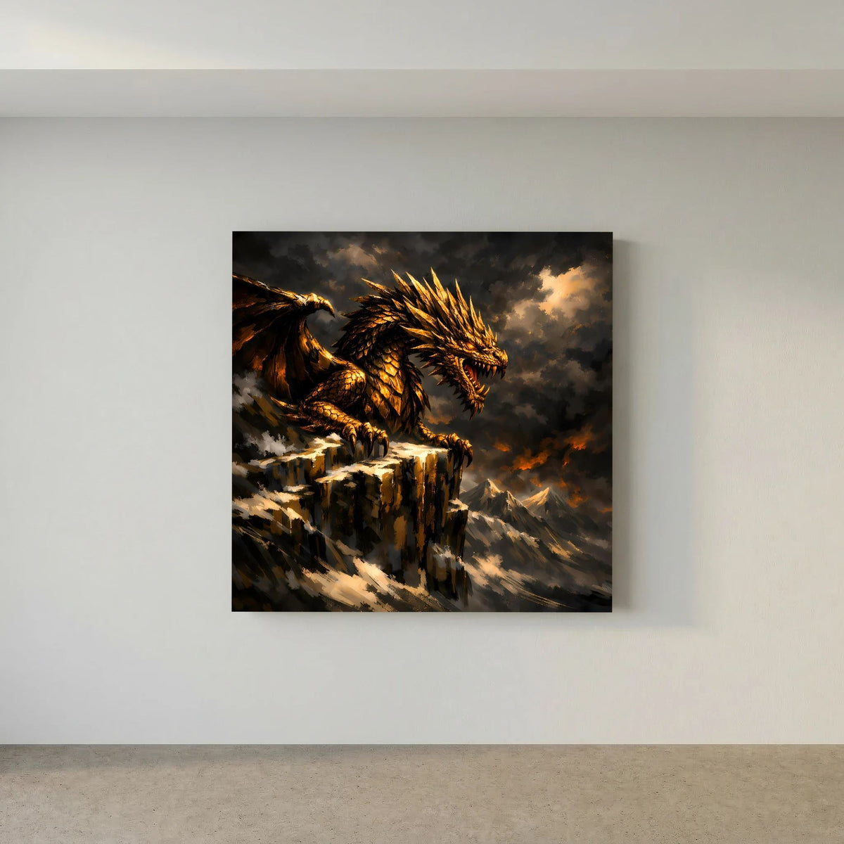 Drachenmotiv auf Keilrahmen: goldener Drache auf Felsvorsprung, wolkiger Himmel
