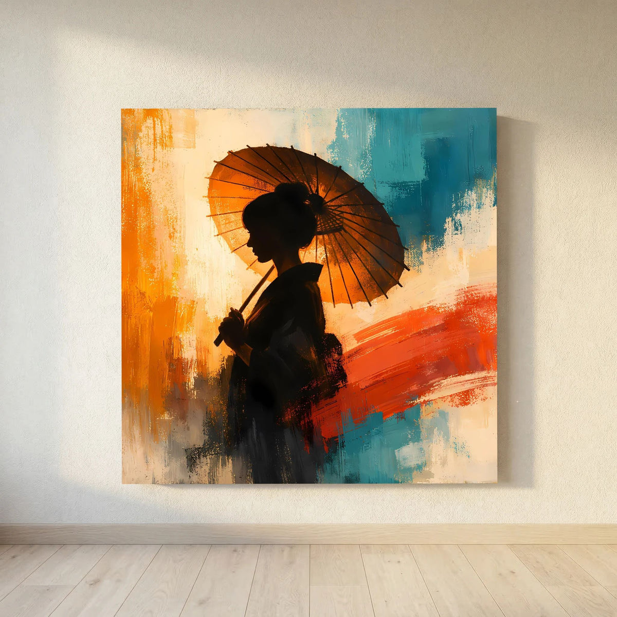 Keilrahmen-Leinwand: Frau mit Sonnenschirm-Schatten, orangefarbene und blaue Pinselakzente