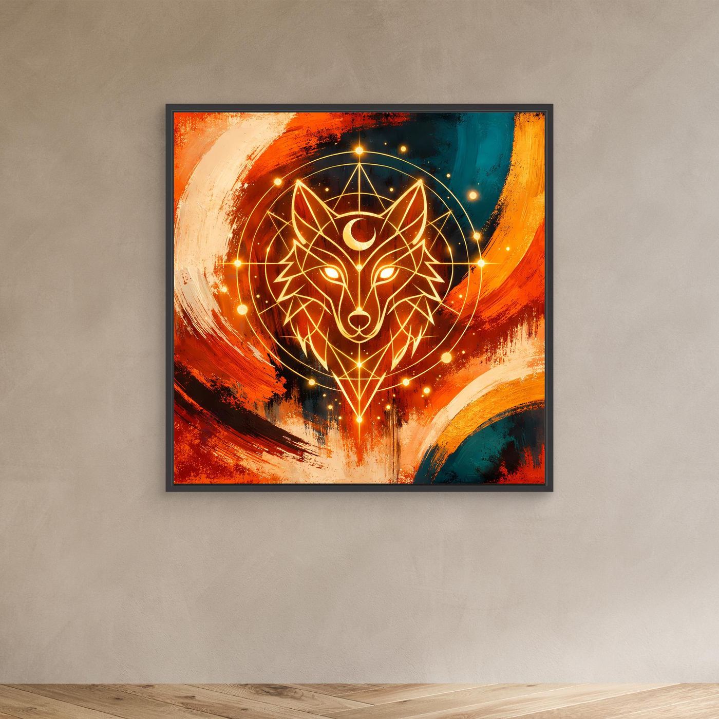 Leinwand-Wandbild mit geometrischem Wolf im abstrakten Kosmos, schwarzer Rahmen