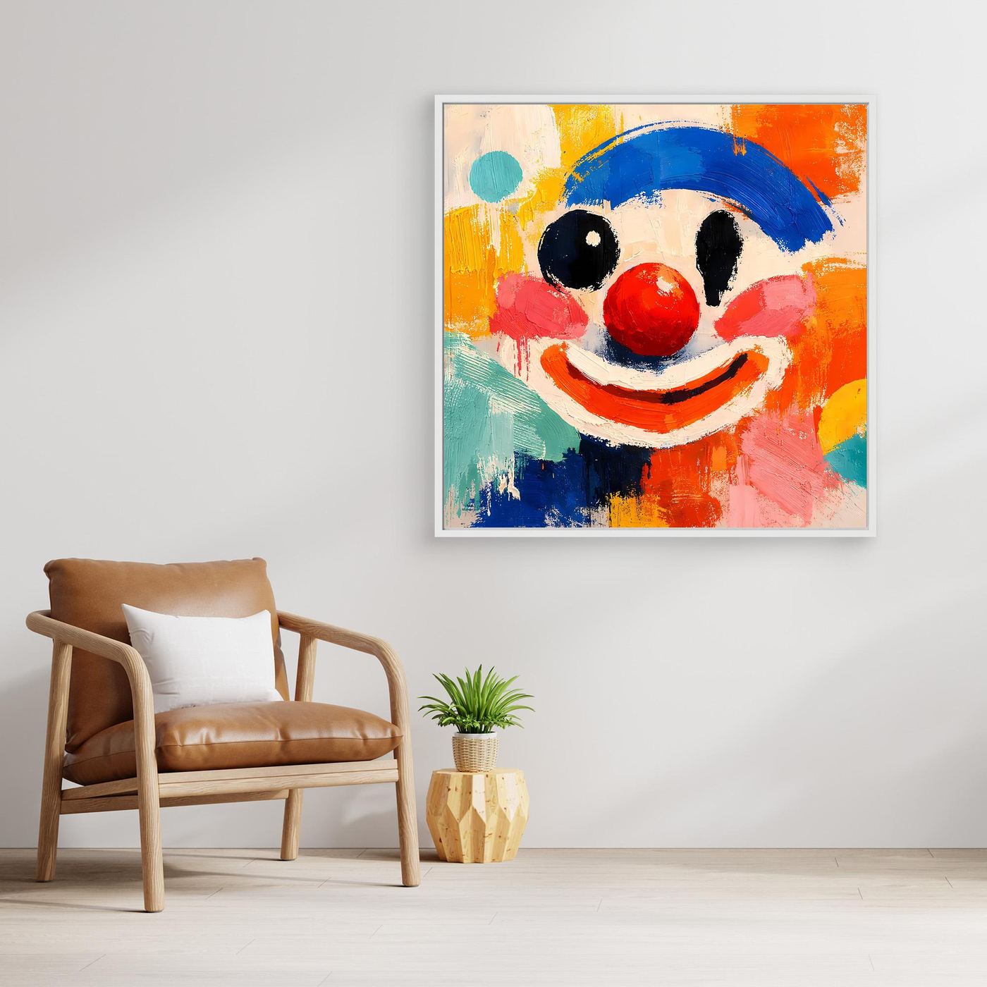 Abstraktes Leinwand-Wandbild mit Clown-Gesicht, bunte Farben, weißer Rahmen