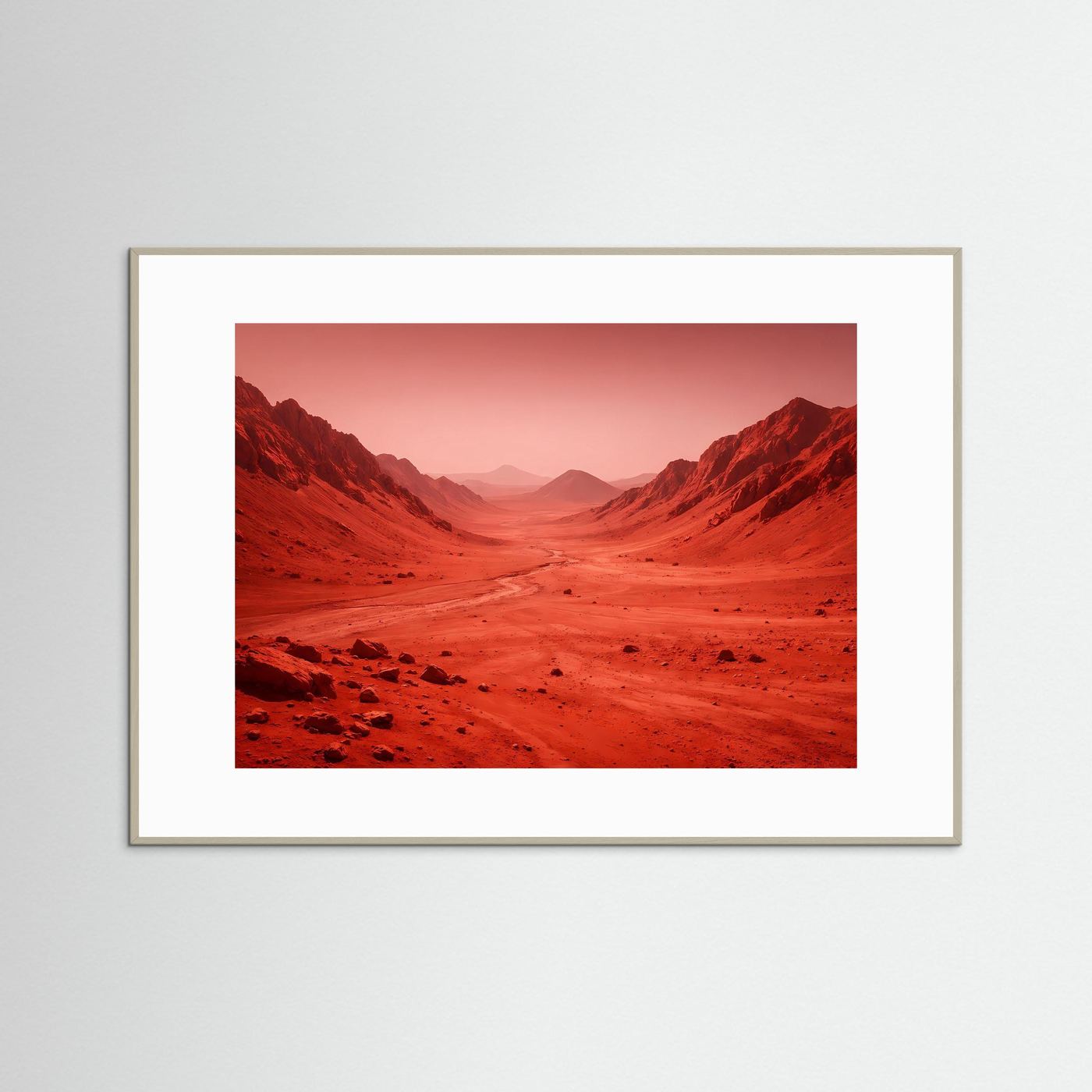Querformatposter mit Marslandschaft und roten Canyons, grauer Rahmen und weißes Passepartout