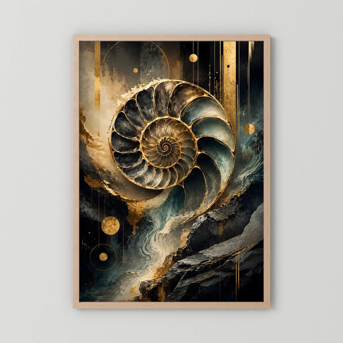 Poster im naturfarbenen Holzrahmen mit Ammonitenspirale in Gold, Schwarz und Petrol