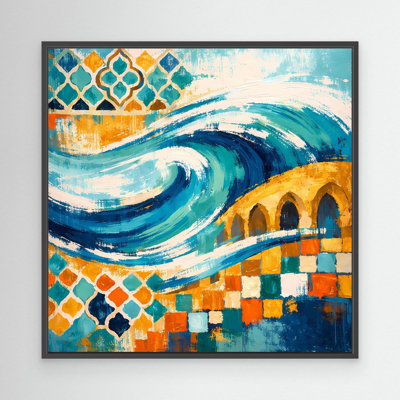 Leinwand-Wandbild mit schwarzem Rahmen, Mosaik-Ornament und türkisblauen Wellen