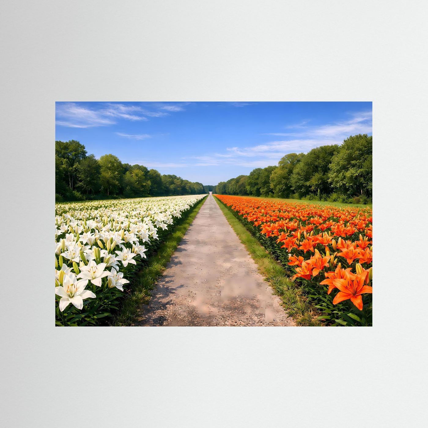 Prachtvolles Lilienfeld mit Allee-Weg | Weiße & Orange Blüten Natur Poster Querformat