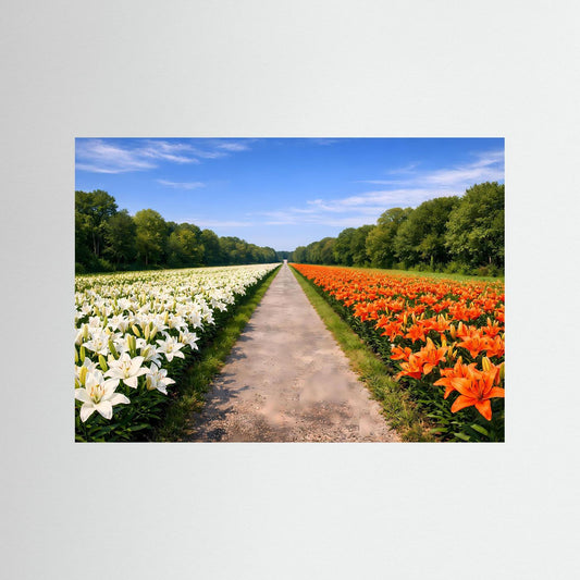 Prachtvolles Lilienfeld mit Allee-Weg | Weiße & Orange Blüten Natur Poster Querformat