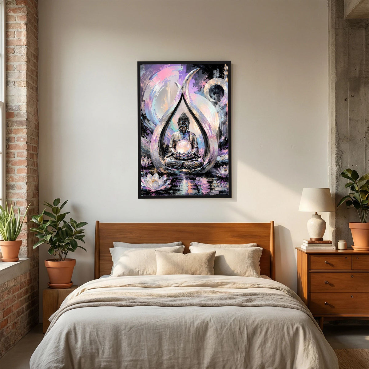 Gerahmtes Kunstposter im Hochformat: Buddha im Lotus im Kreis, Pastellfarben, schwarzer Rahmen