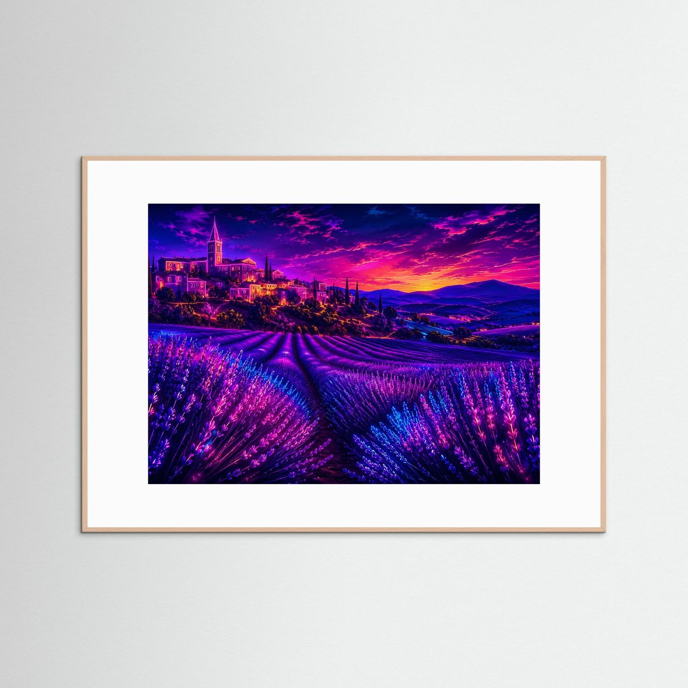 Lavendelfeld im Neon-Sonnenuntergang | Provence Landschaft in Lila & Pink