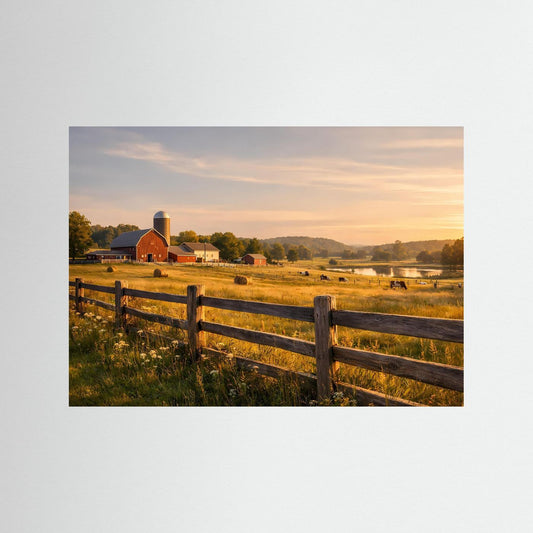 Panoramaposter Bauernhof im Abendlicht, Rahmen dunkles Holz
