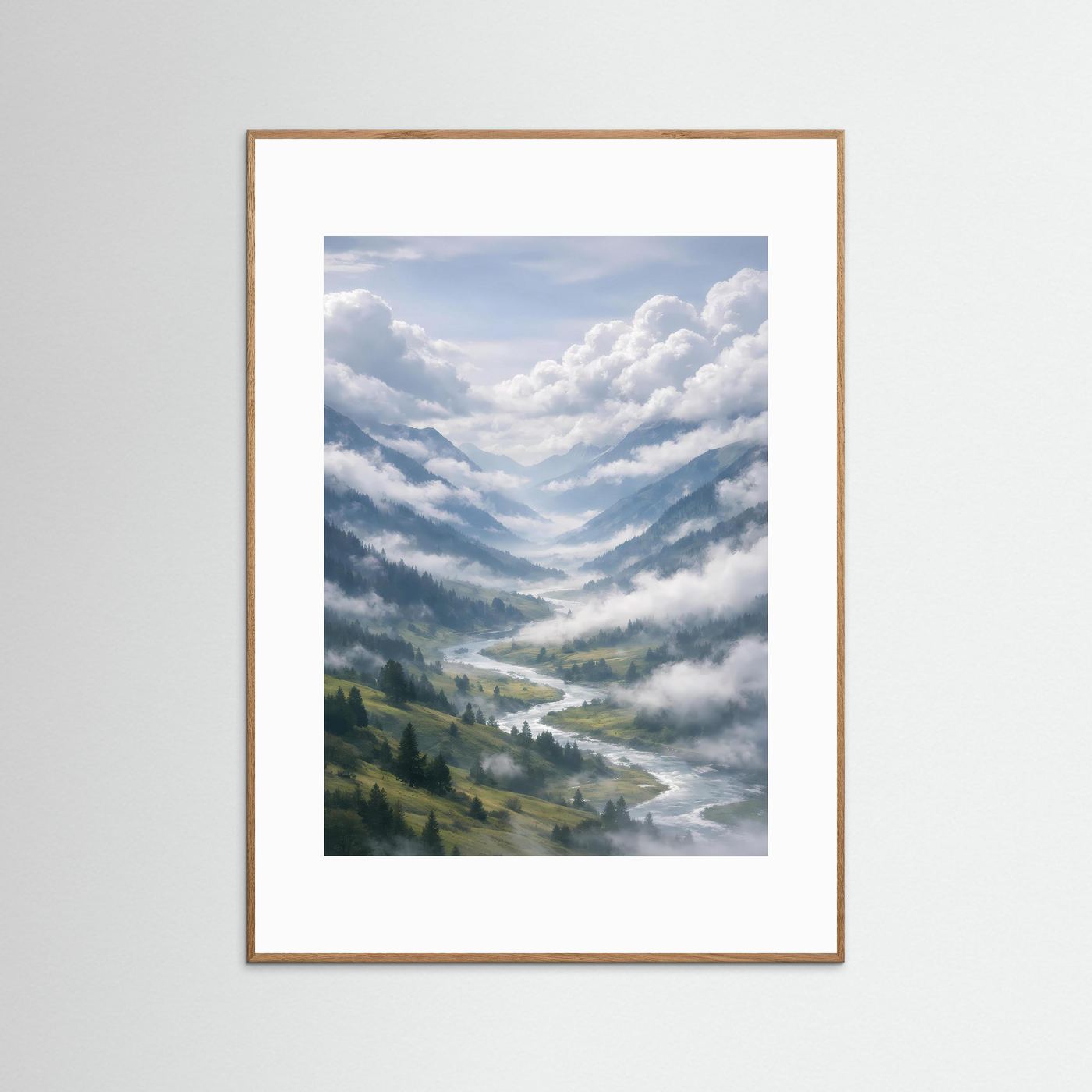 Hochformat-Poster mit Berglandschaft in Blau-Weiß, hellbrauner Rahmen und weißer Rand