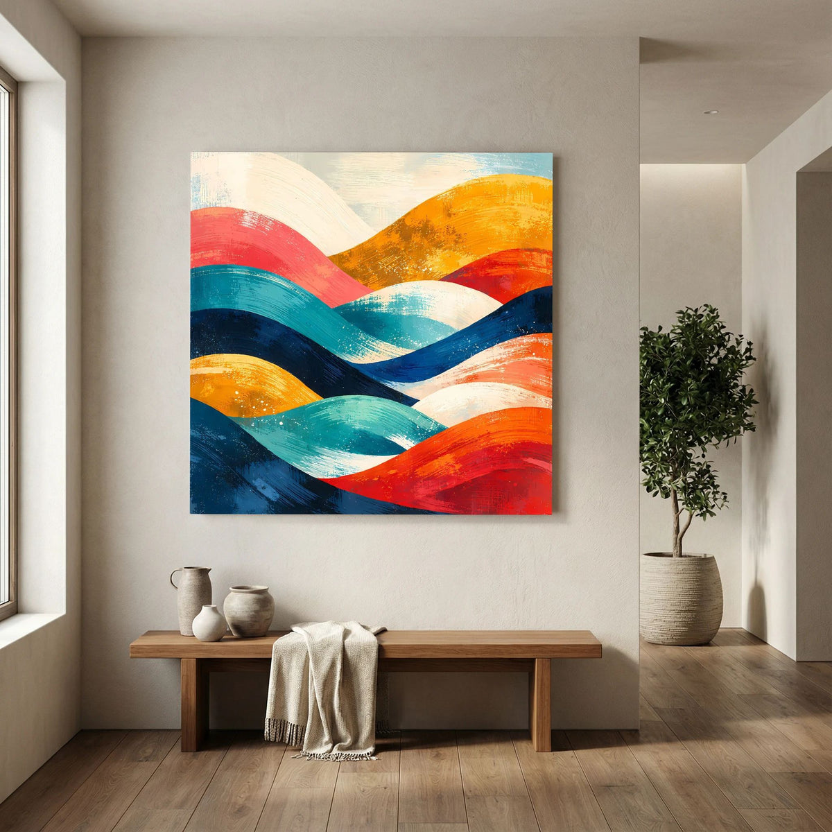 Farbenfrohes abstraktes Wandbild mit wellenförmigen Hügeln, Holz-Keilrahmen