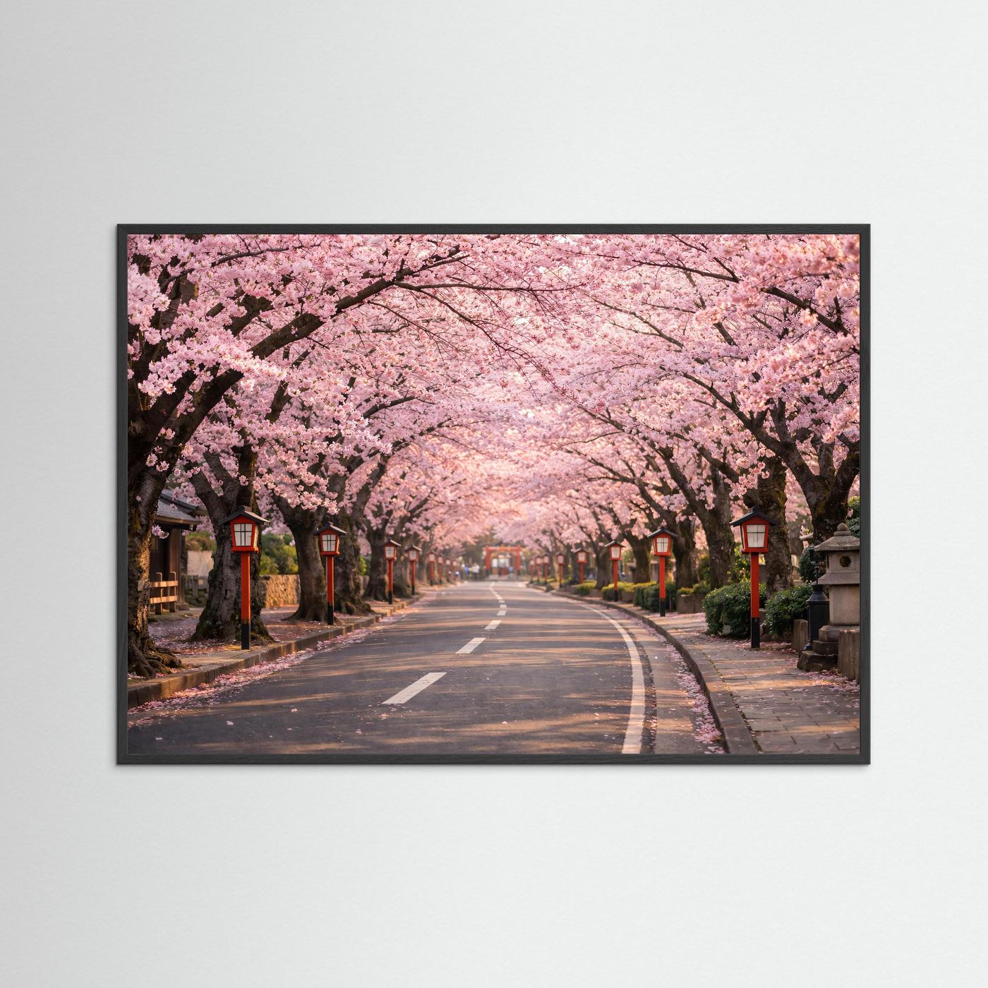 Gerahmtes Poster mit Kirschblütenallee im Frühling, schwarzer Holzrahmen