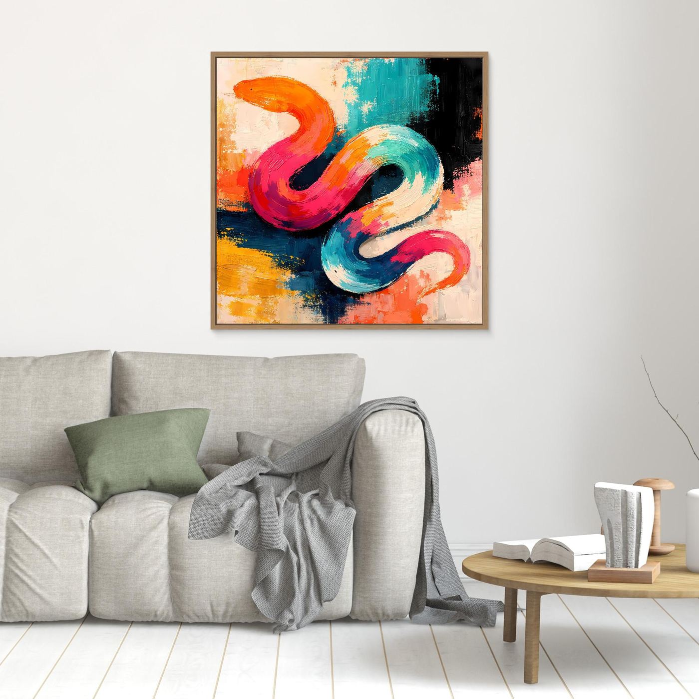 Kleines Leinwandbild mit abstrakter Schlange im Pop-Art-Stil, farbige Pinselstriche, goldener Rahmen