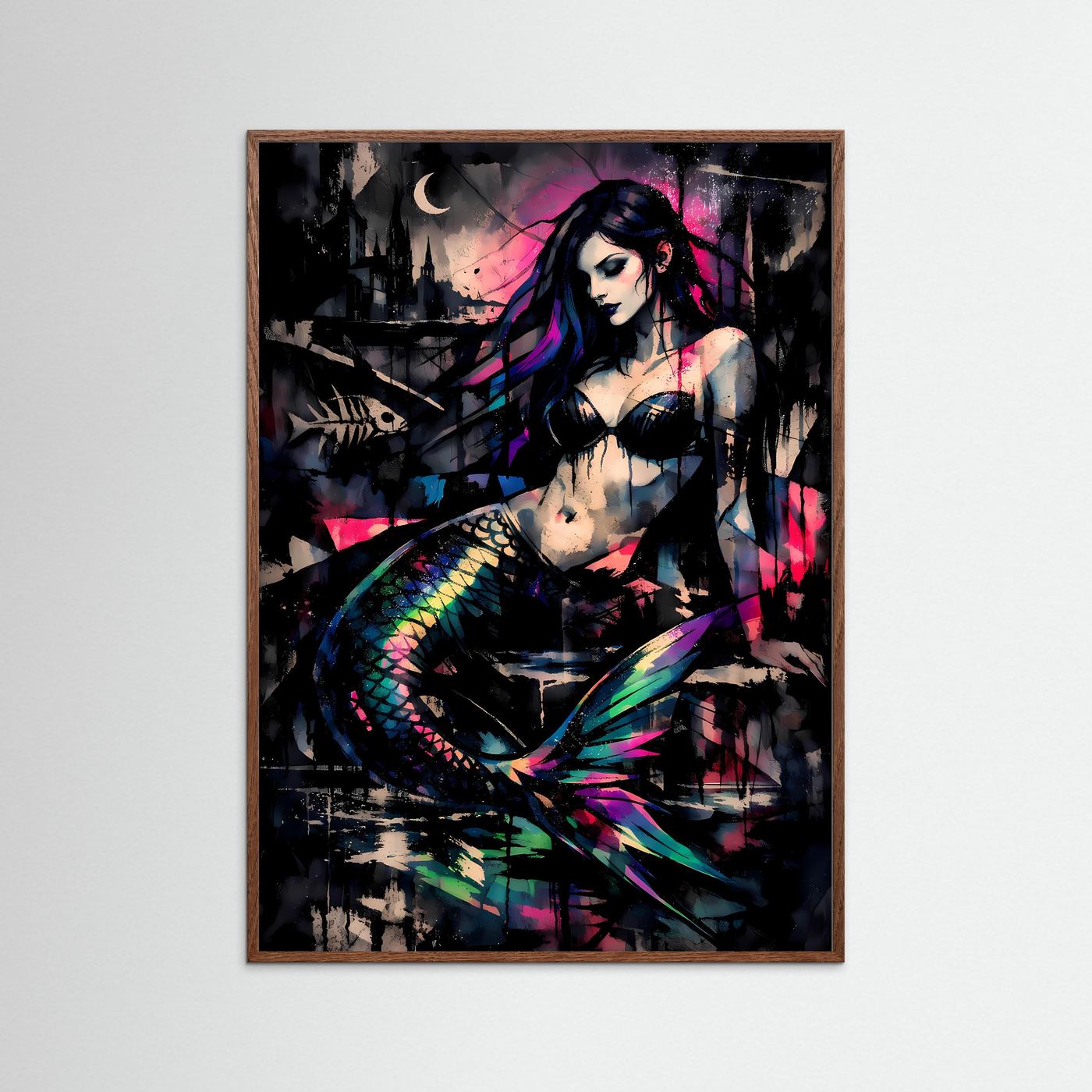 The Dark Mermaid | Luxuriöses Meerjungfrauen Poster Bunt & Schwarz | Abstraktes Sirenen Kunstposter Hochformat