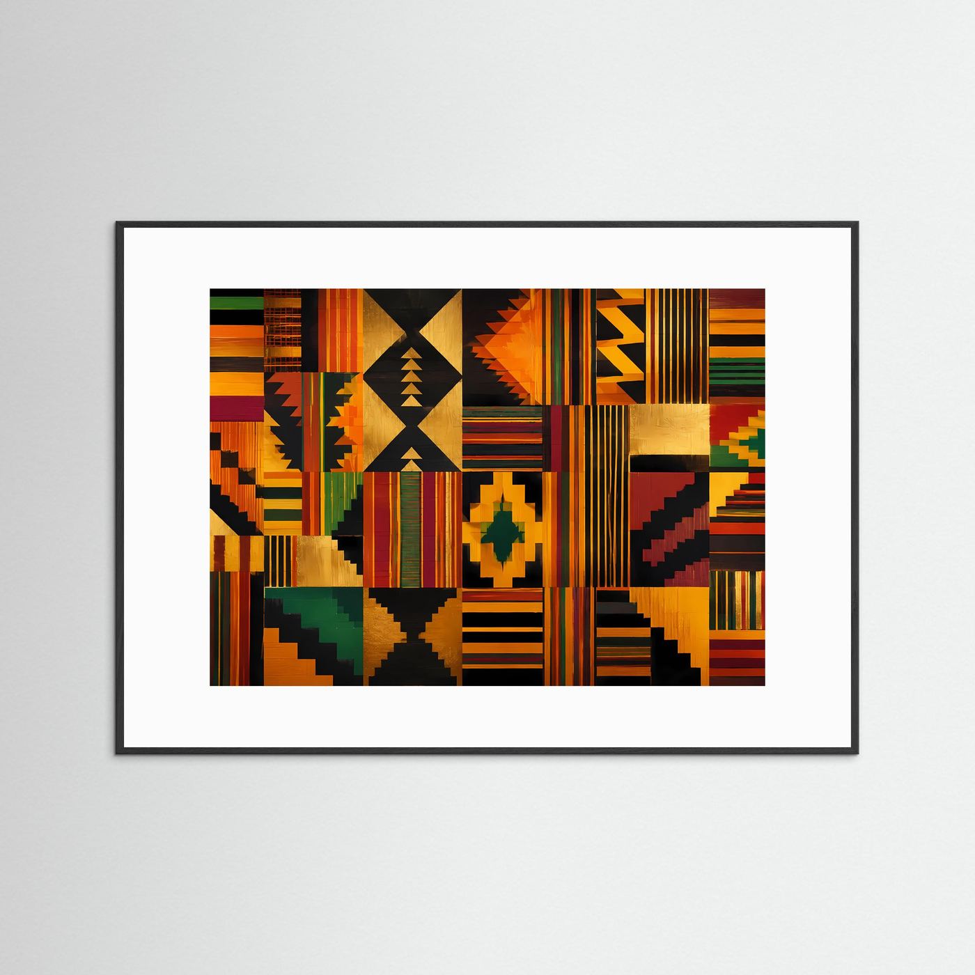 Geometrisches Kente-Muster in Gold & Farben | Modernes Wandbild mit Ethno-Art & Mustern