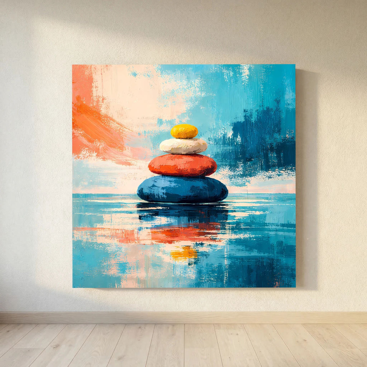 Leinwandbild mit gestapelten Zen-Steinen, orange-blaue Farbflächen, Spiegelung im Wasser