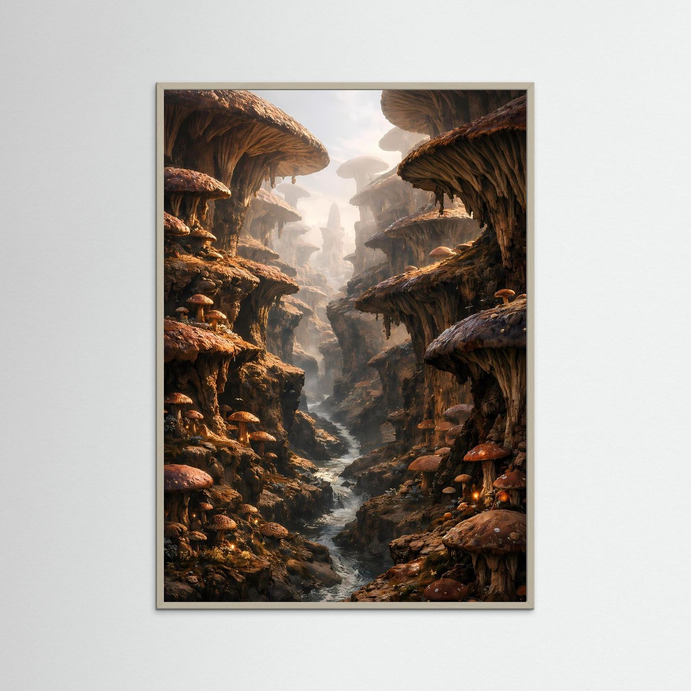 Fantasy-Poster im grauen Holzrahmen mit Pilzfelsen-Tal und schmalem Flusslauf, warm