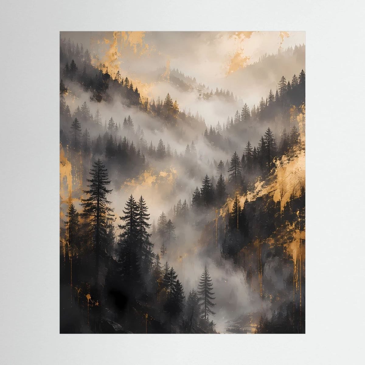 Hochformat-Poster mit nebligem Tannenwald und goldenen Lichtstrahlen