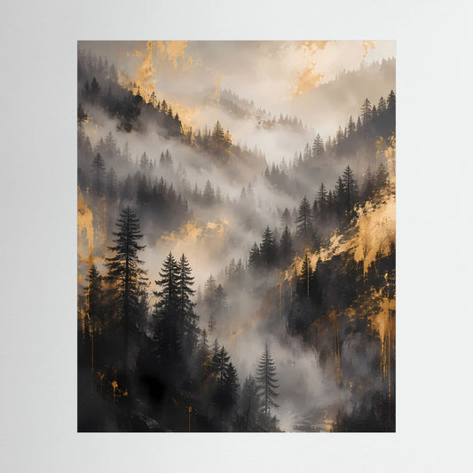 Hochformat-Poster mit nebligem Tannenwald und goldenen Lichtstrahlen