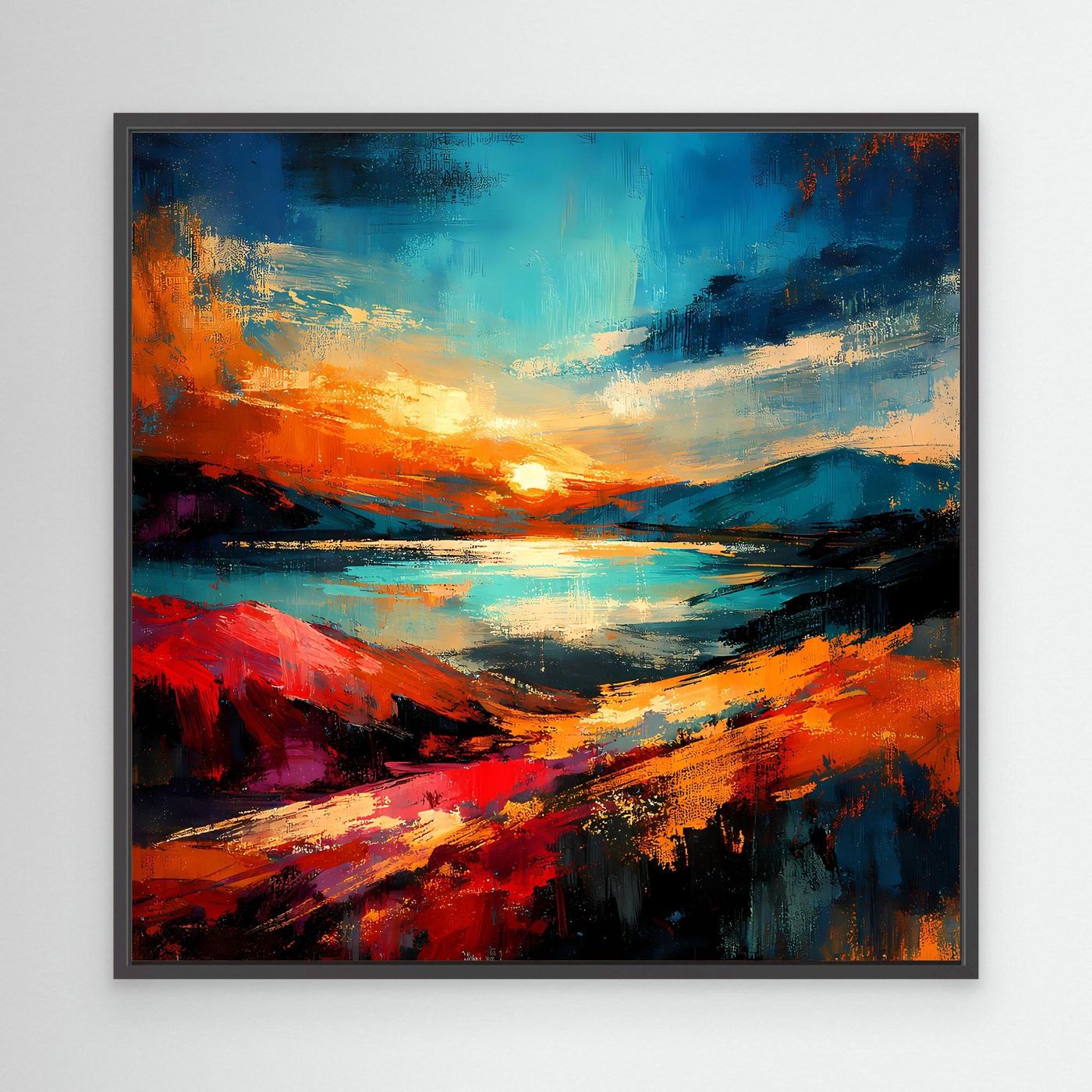 Abstraktes Leinwandbild mit schwarzem Rahmen, Blau-Orange-Palette mit leuchtendem Zentrum