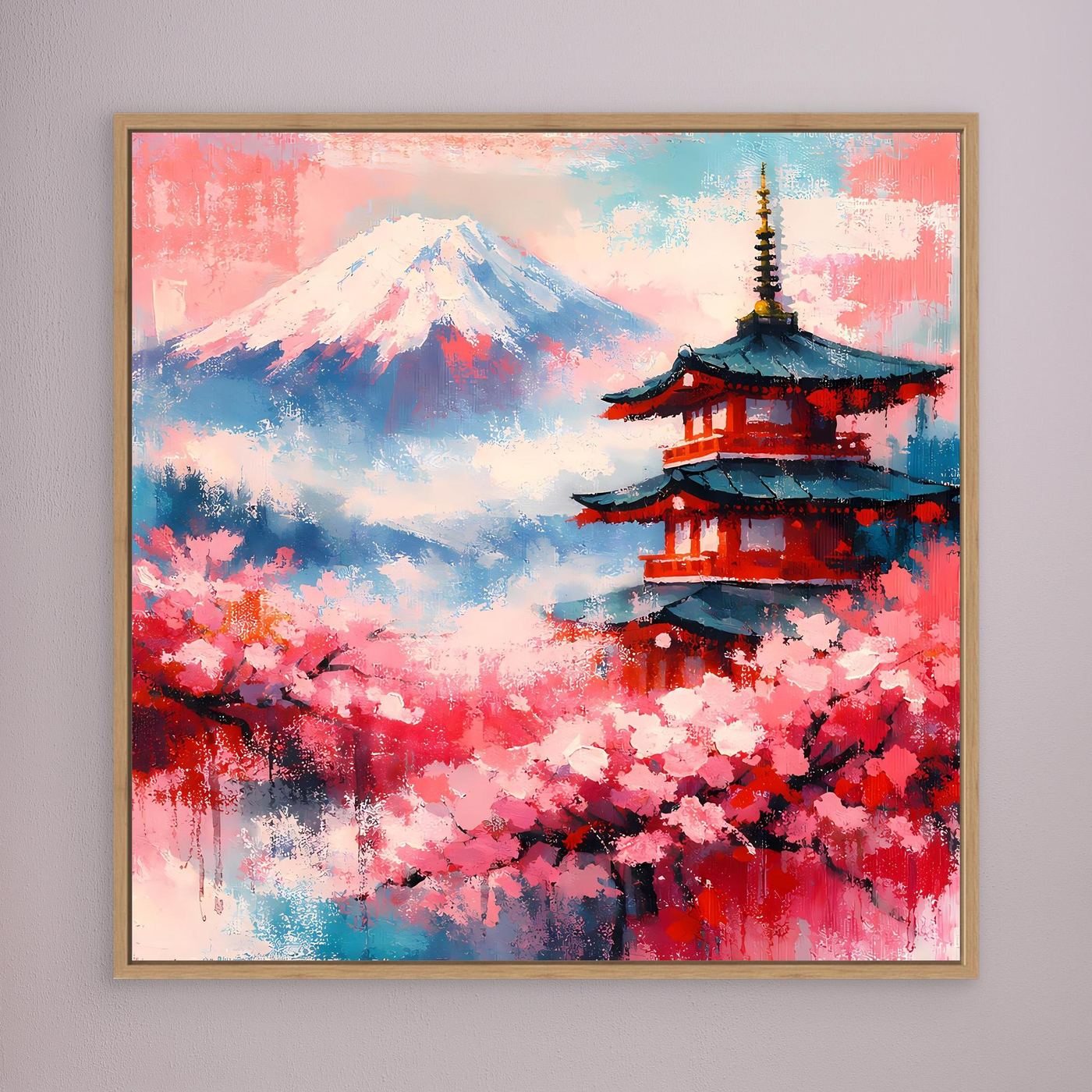 Gerahmtes Leinwandbild: Mount Fuji, Pagode und Kirschblüten, Holzrahmen