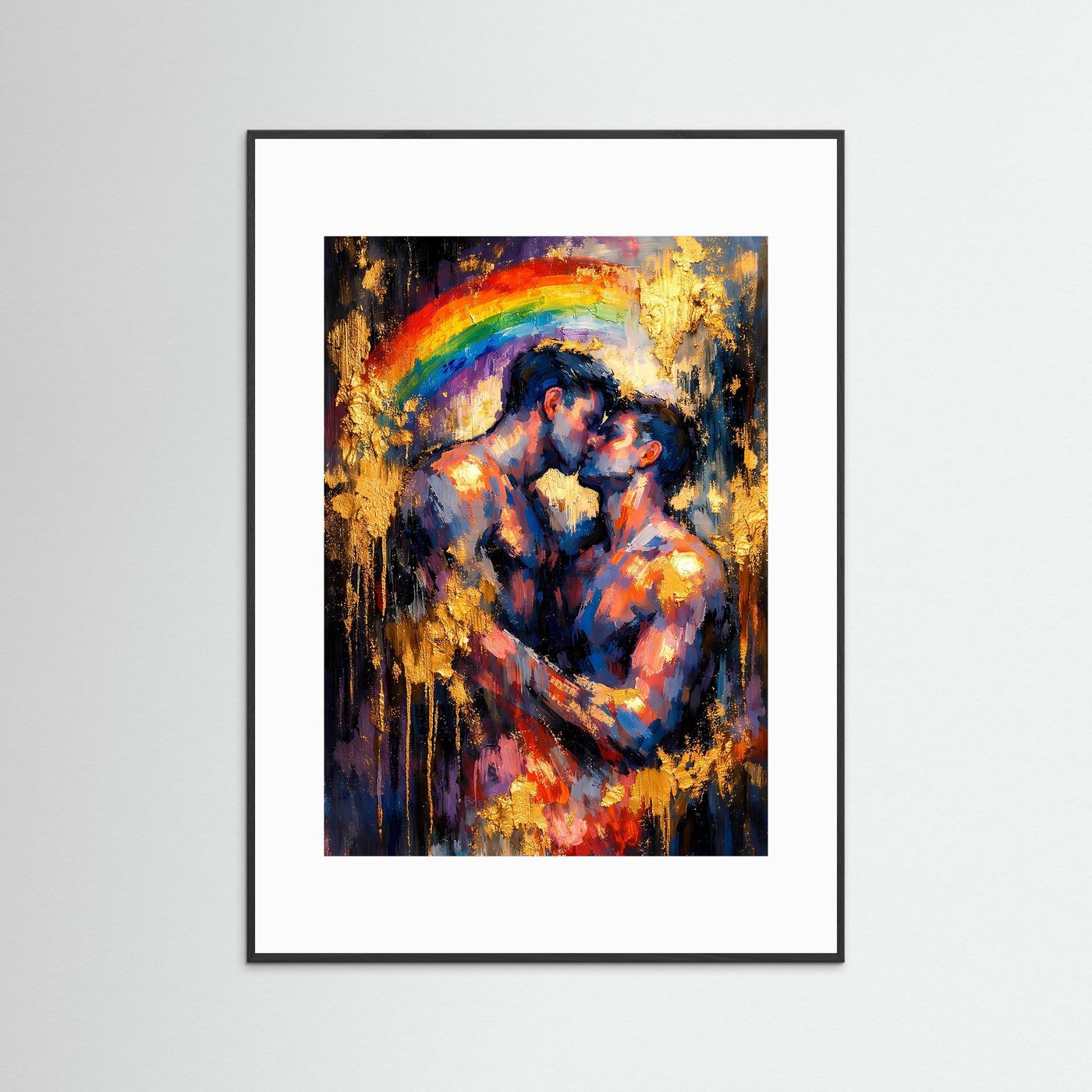Pride-Poster im Hochformat mit Regenbogen und goldenen Spritzern, schwarz und weiß gerahmt