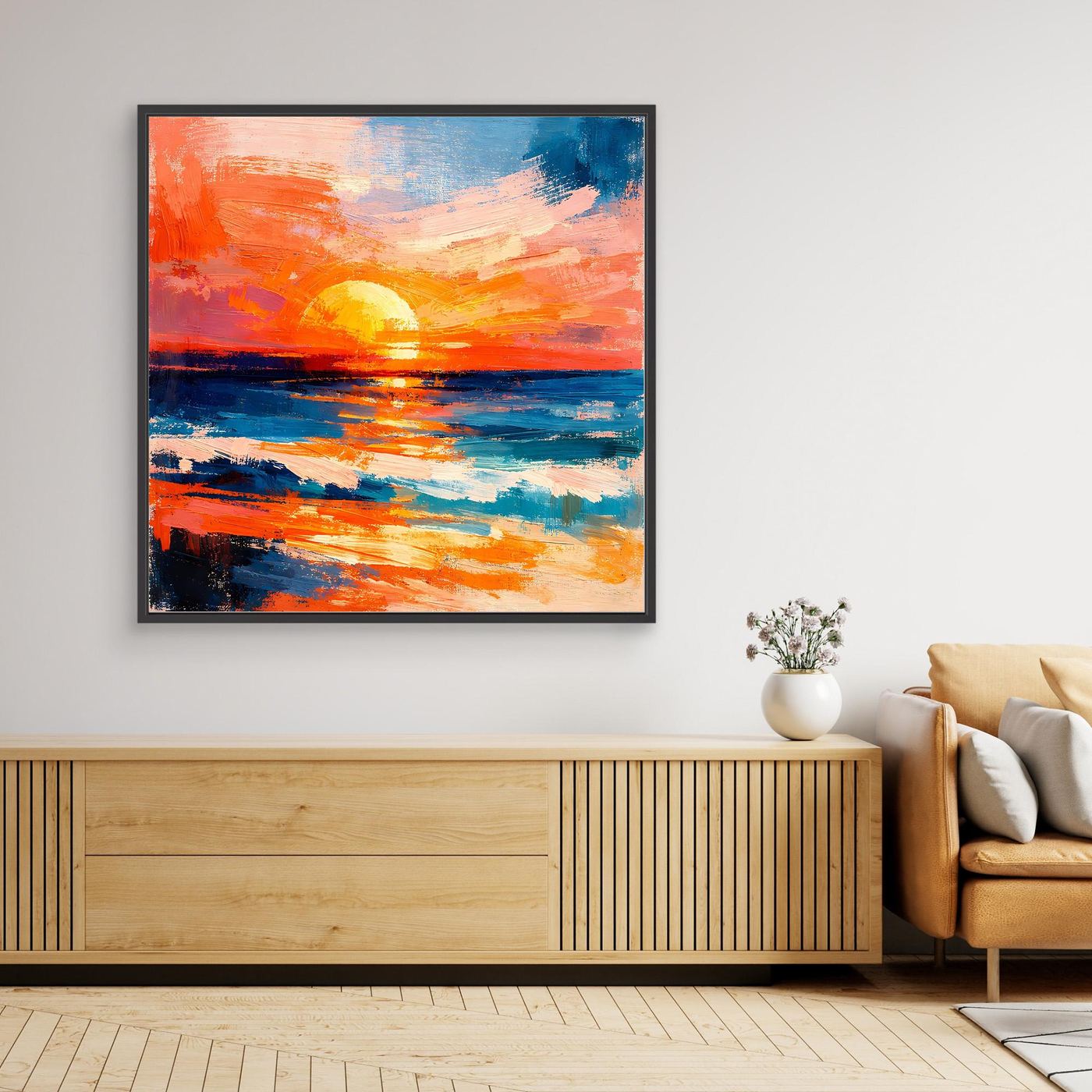 Abstract ocean sunset canvas wall art with dark frame