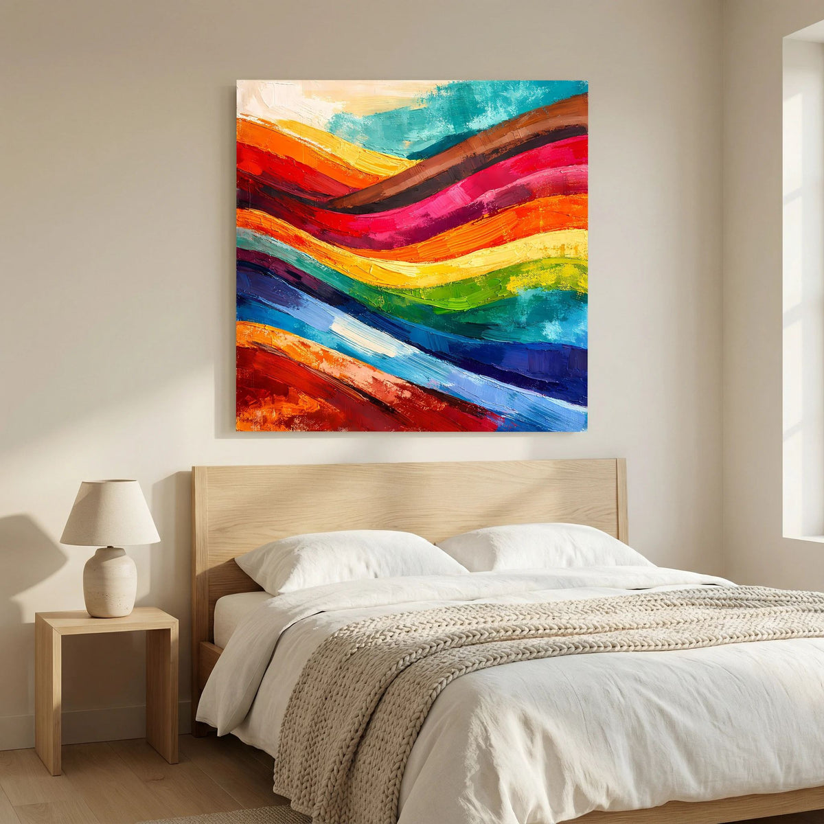 Abstraktes Leinwandbild im Schlafzimmer: geschichtete Farbbanderolen in Blau, Rot und Grün.