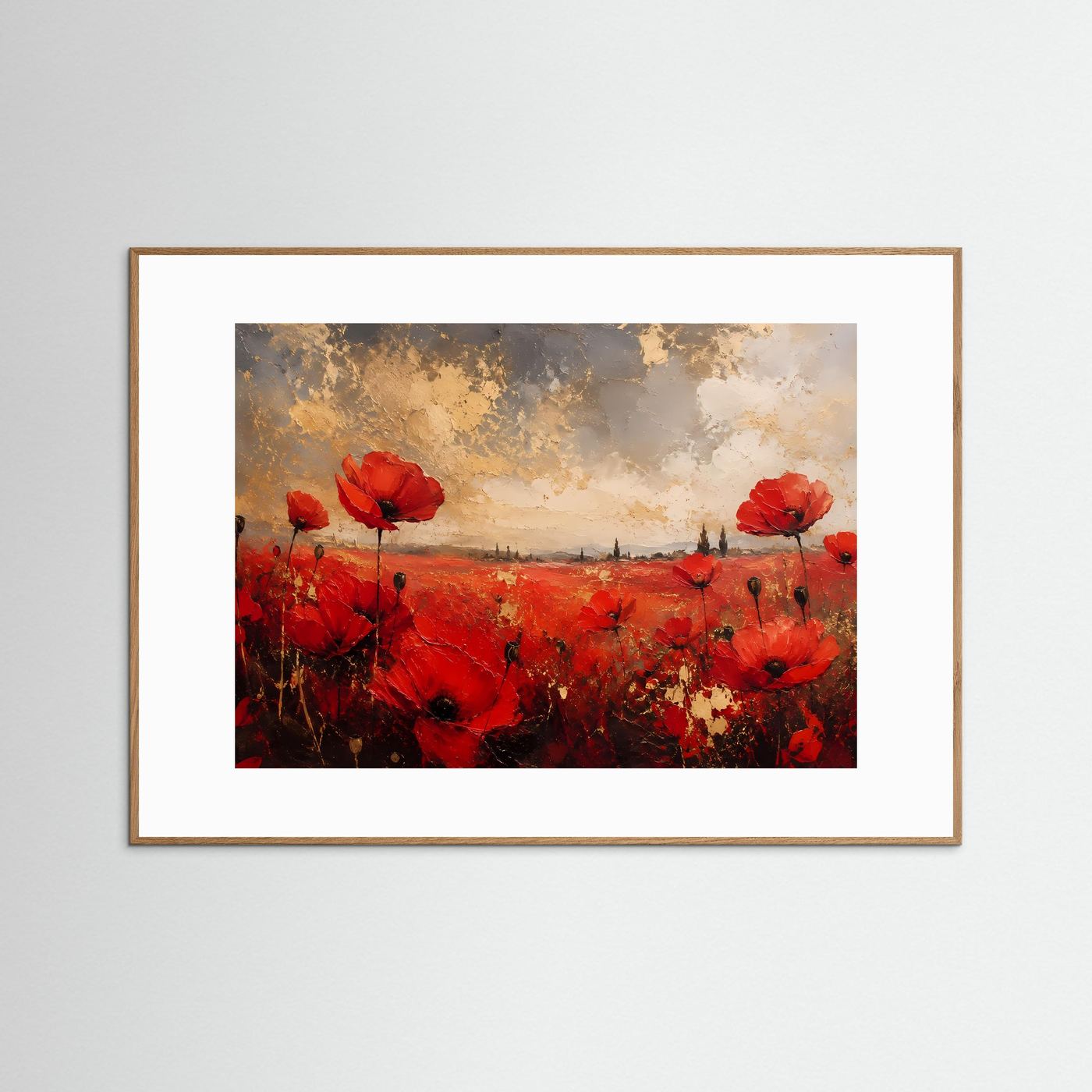 Mohnblumenfeld in Ölfarben | Abstraktes Sommer-Poster in Rot & Gold | Modernes Wandbild Querformat