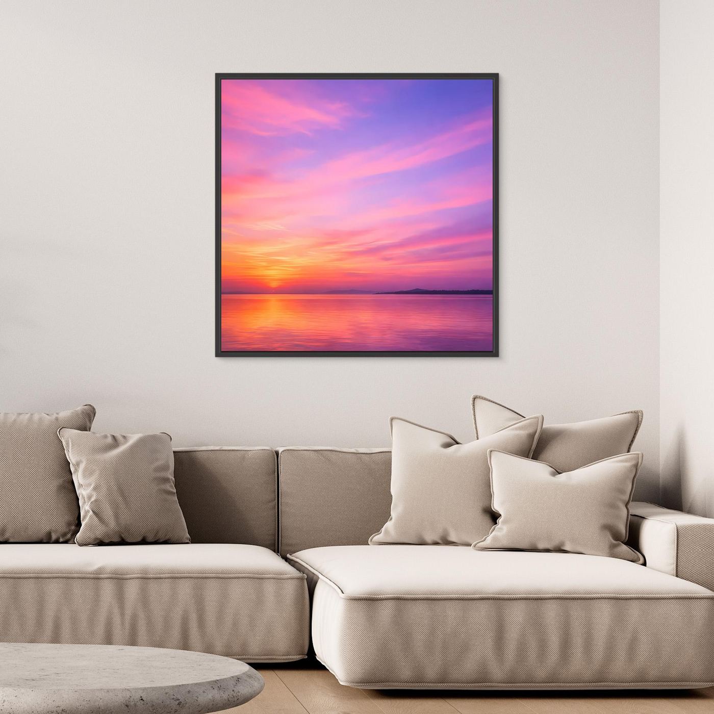 Leinwandbild Pastel Sunset mit schwarzem Rahmen: Pastell-Sonnenuntergang am Meer
