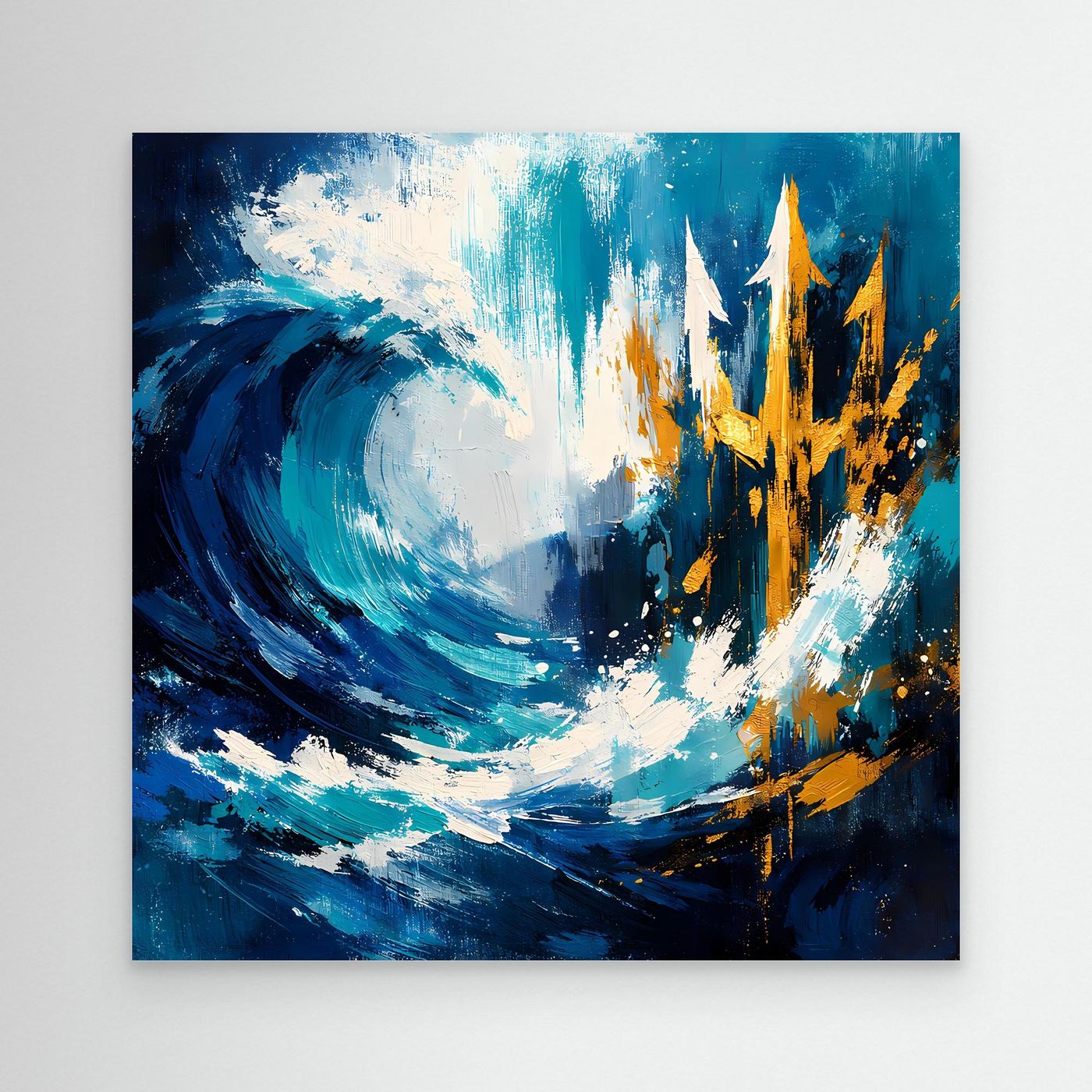 Maritime wall art with blue wave swirl and gold trident, unframed print