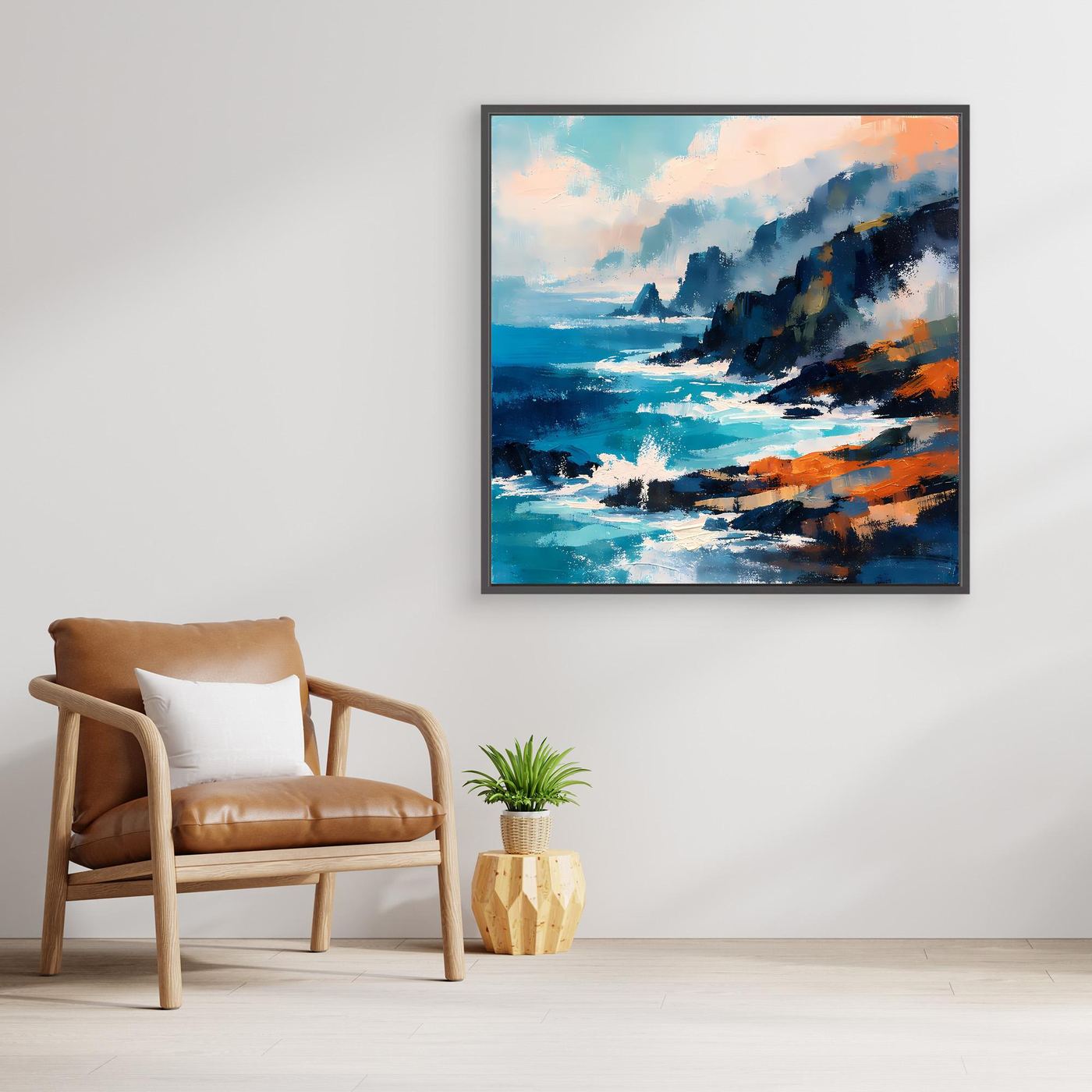 Abstraktes Leinwand-Wandbild mit Küstenfelsen und Meer, schwarzer Rahmen