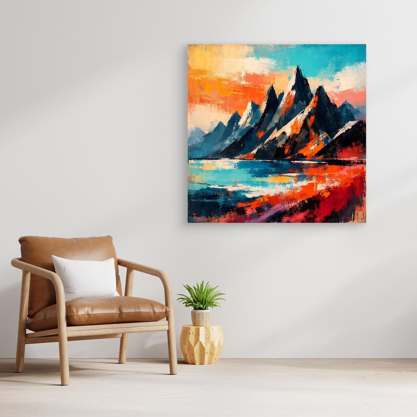 Quadratisches Leinwand-Wandbild mit Bergmassiv, türkis-blauen Flächen und orange-rotem Licht