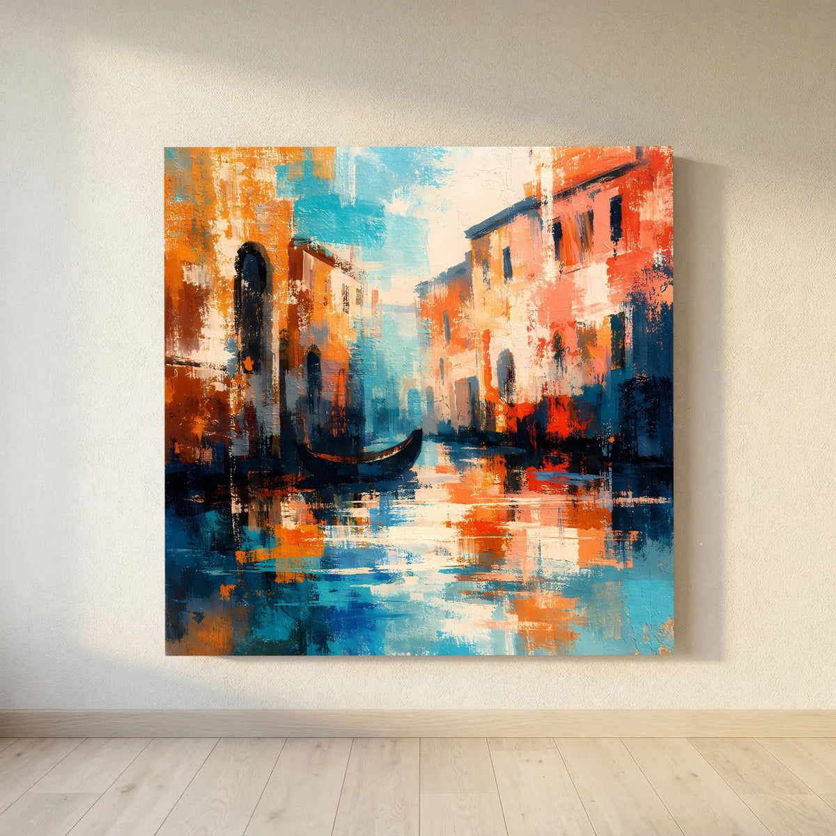 Abstraktes Leinwand-Wandbild am Kanal mit Gondel, leuchtende Orange- und Blauschattierungen