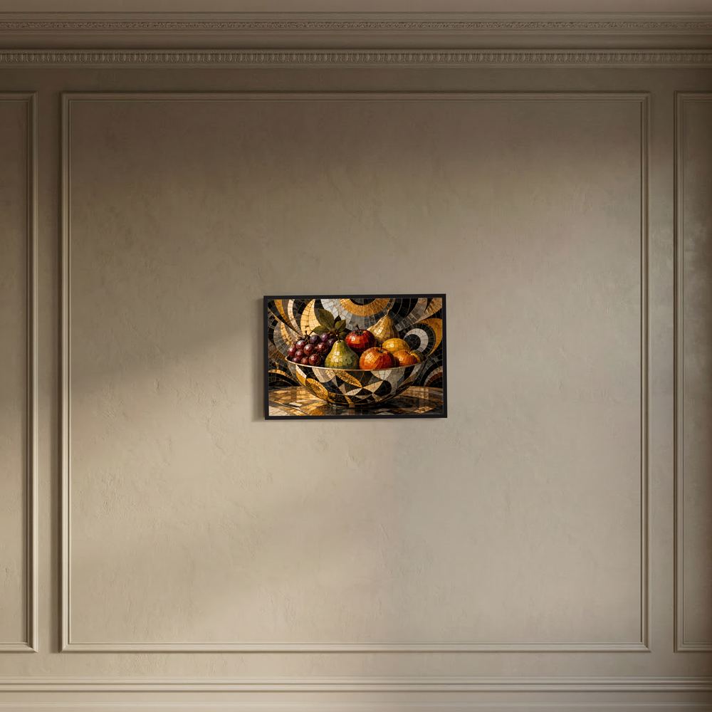 Gerahmtes Mosaikbild Obstschale mit Trauben, Äpfeln und Birnen in Gold und Schwarz