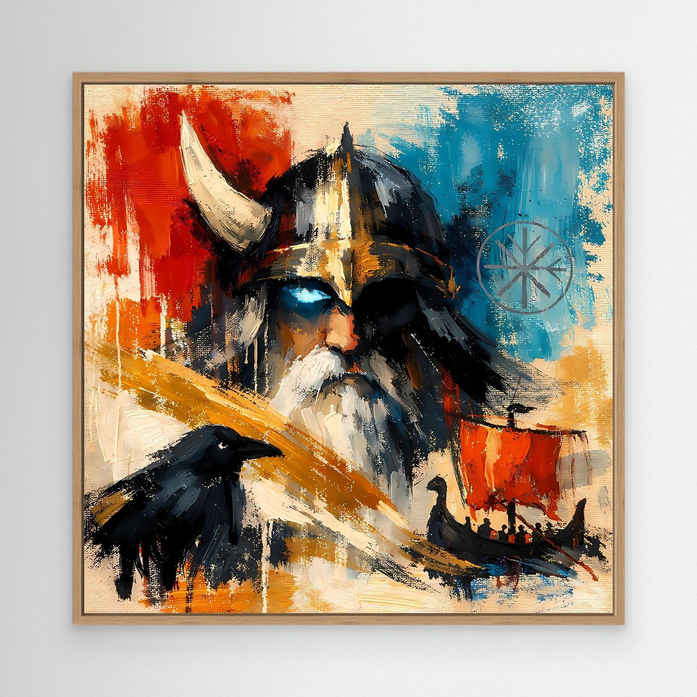 Framed Nordic wall art: Viking warrior with raven, red and blue abstract brush strokes.