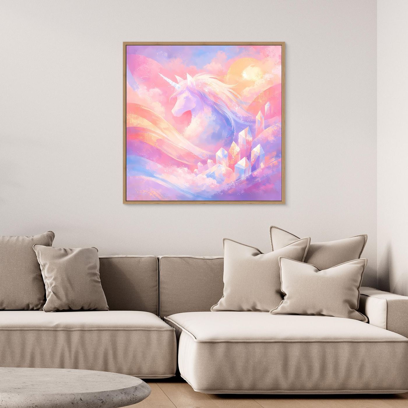 Leinwandbild mit magischem Einhorn, abstraktes Fantasy-Motiv, goldener Rahmen