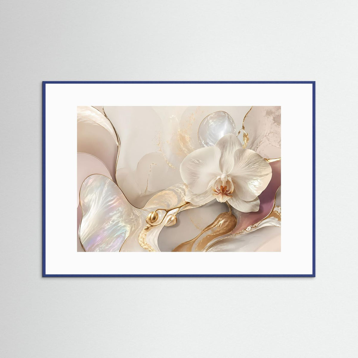 Querformat-Poster mit weißer Orchidee, Perlmutt und Gold-Akzenten im blauen Rahmen