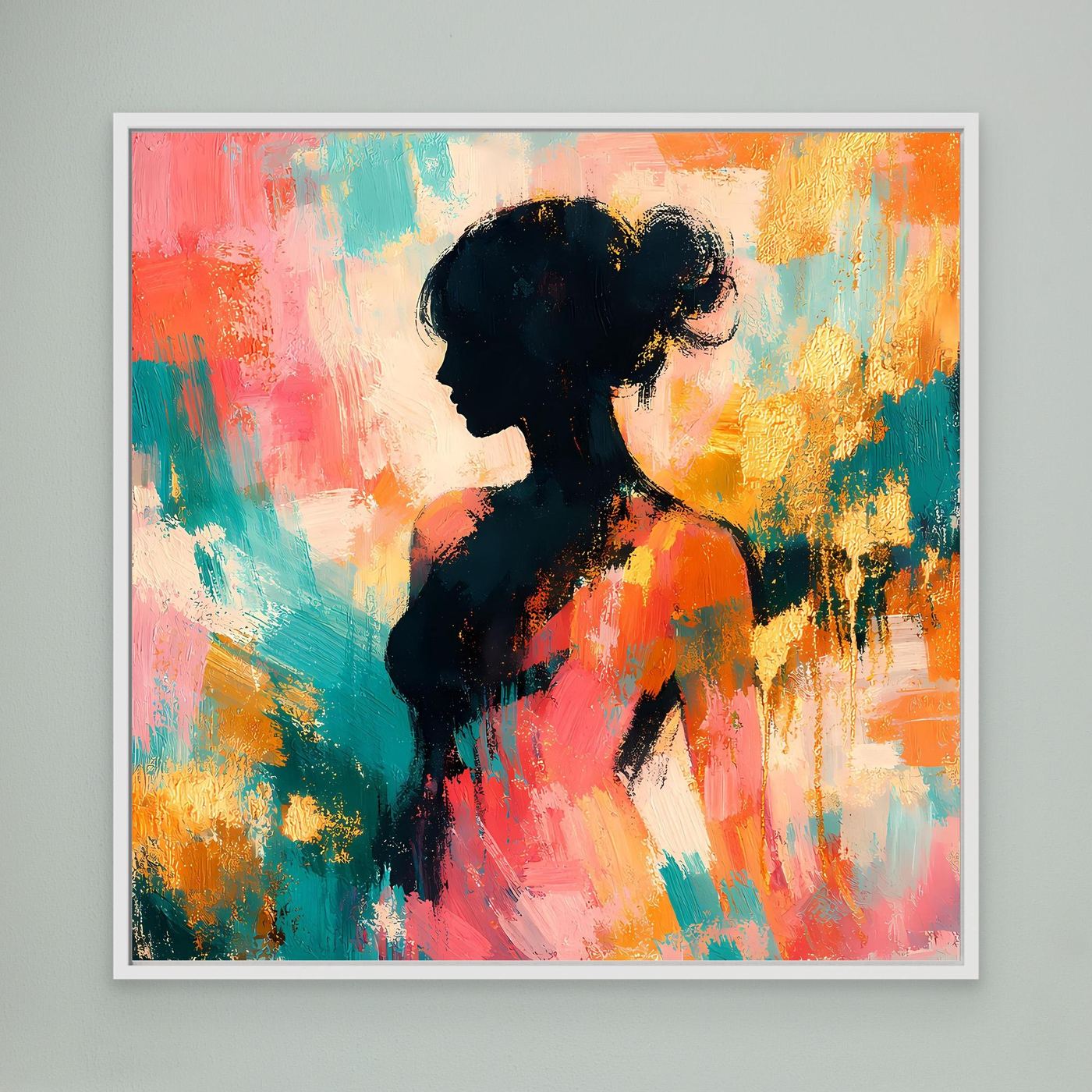 Leinwandbild mit abstrakter Frauen-Silhouette im Pastell, weiß gerahmt