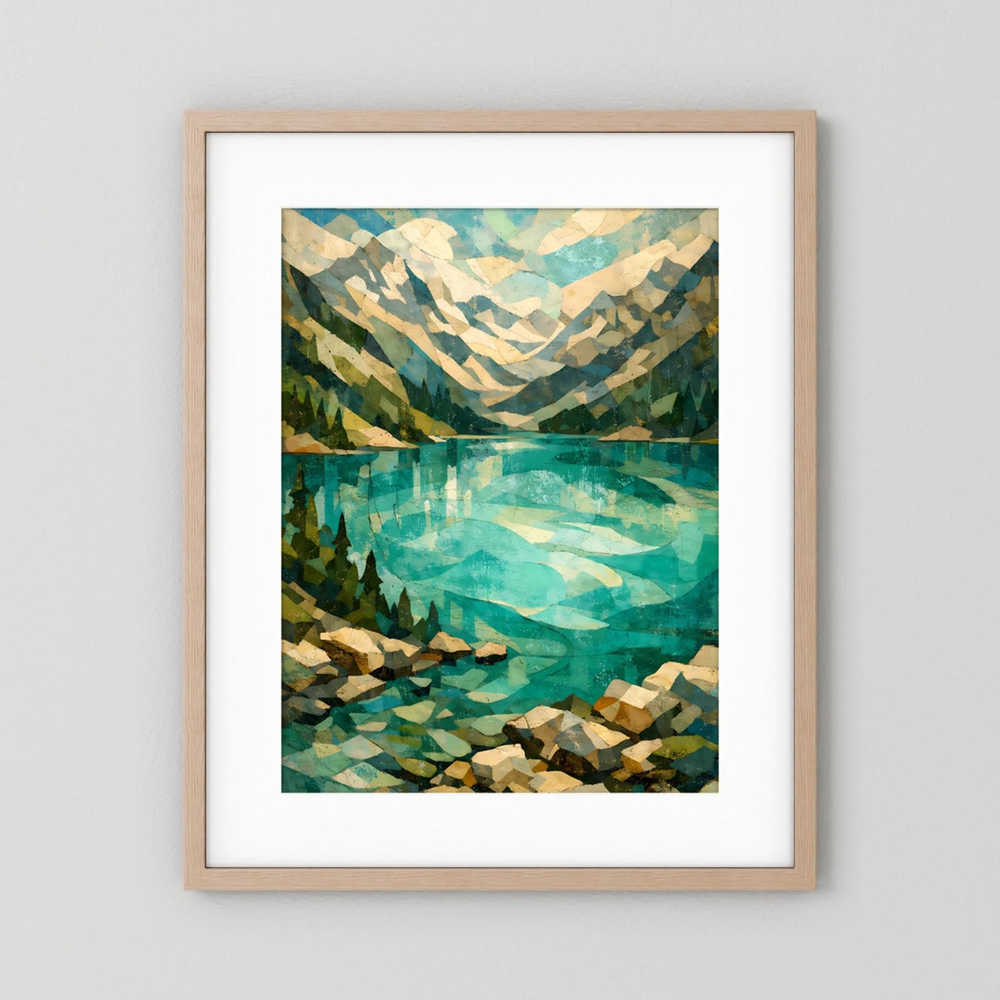 Kunstposter im Hochformat mit abstrakter Alpenlandschaft und türkisfarbener Spiegelung, hellerer Holzrahmen